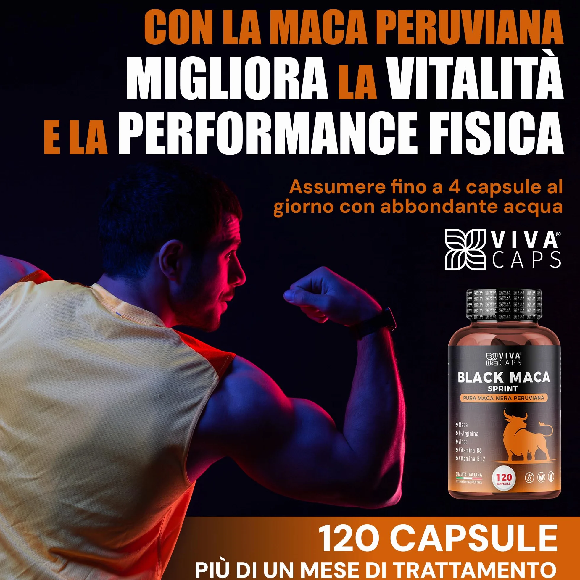 Maca peruviana 24000 mg al giorno estratto 20:1 120 Cps, Black maca con L-Arginina, Zinco, Vitamina B6 e B12 per energia e supporto per la massa muscolare - Made in italy