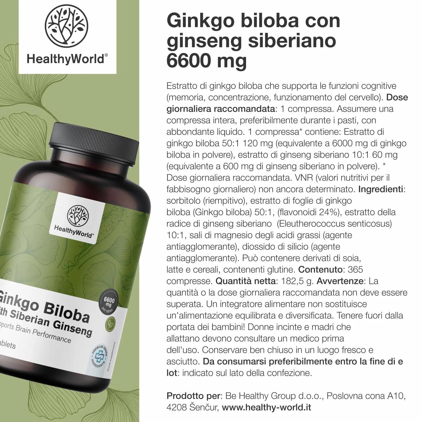 HealthyWorld Ginkgo Biloba con Ginseng siberiano 6600 mg 365 compresse Estratto 50:1 120mg 10:1 60mg
