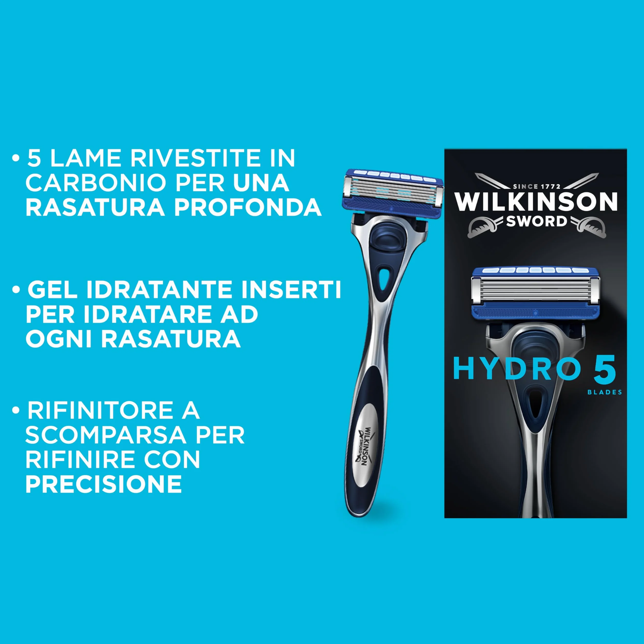 WILKINSON SWORD - Hydro 5 Lame per rasoio da uomo, rivestite in carbonio, gel idratante e trimmer di precisione, confezione da 12 ricariche