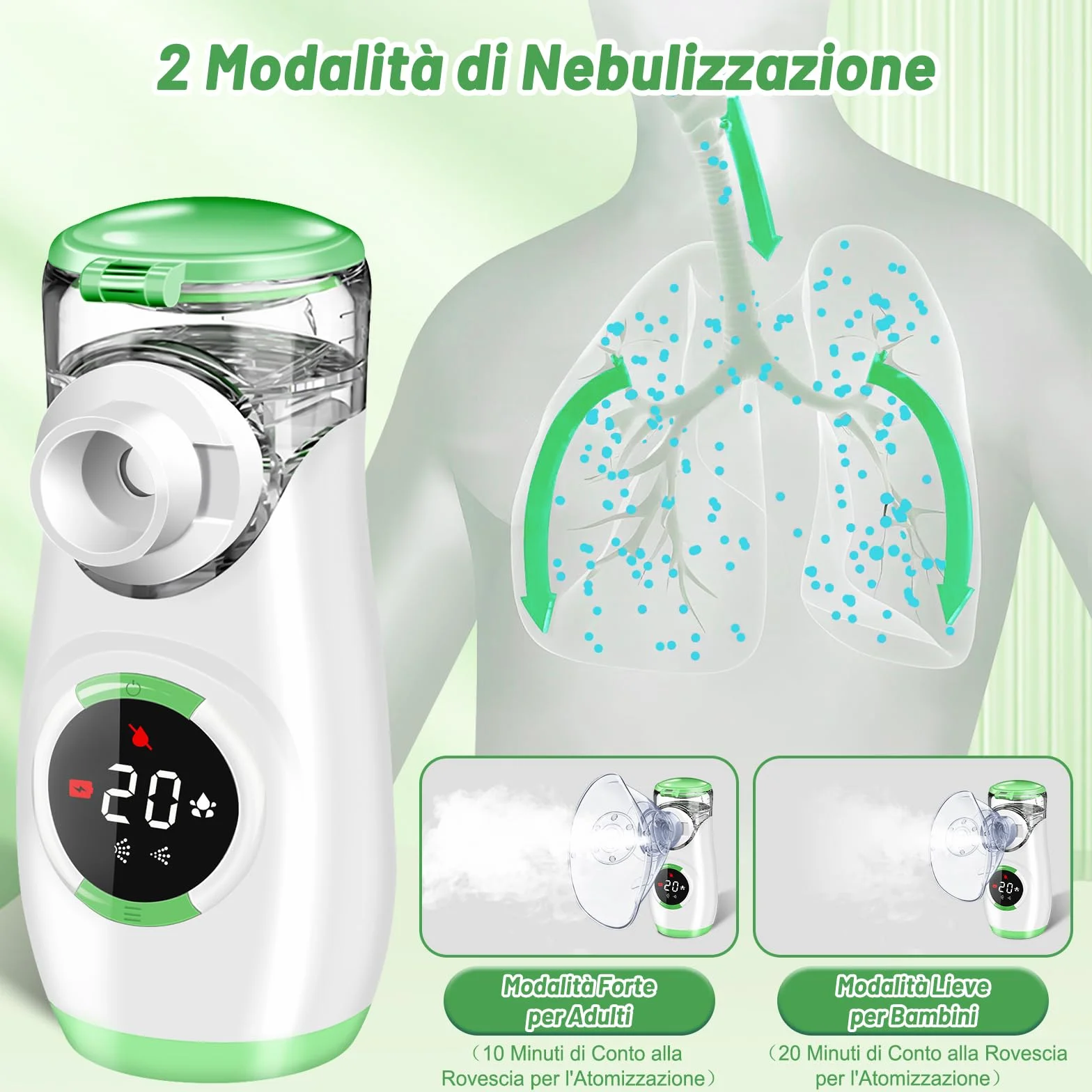 Wholede Aerosol Portatile Silenzioso Digitaler Ricaricabile Nebulizzatore per Adulti e Bambini Verde
