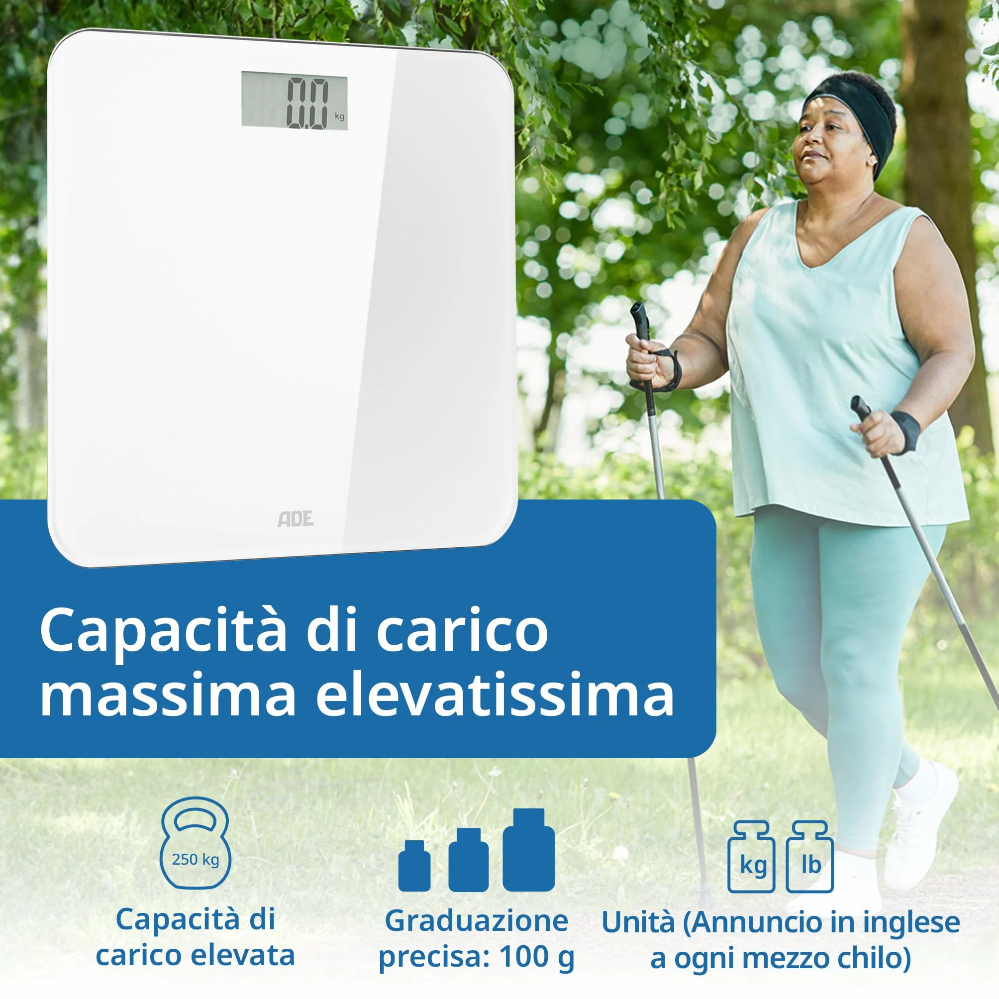 ADE Bilancia pesapersone digitale parlante 250 kg bianca