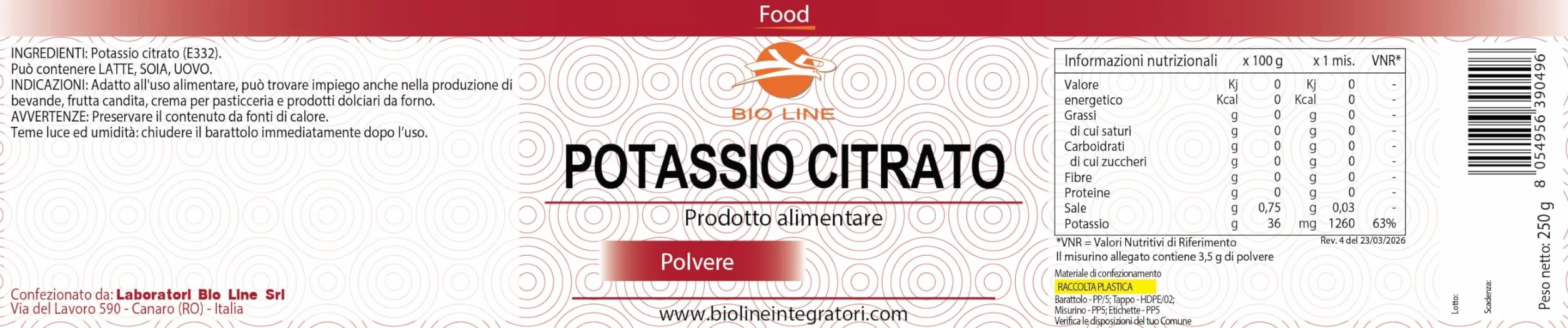 Potassio Citrato in Polvere Solubile Barattolo da 250 g, Polvere Alimentare Adatta per Attività Sportiva, Puro Senza Zuccheri ed Eccipienti, Polveri Alimentari