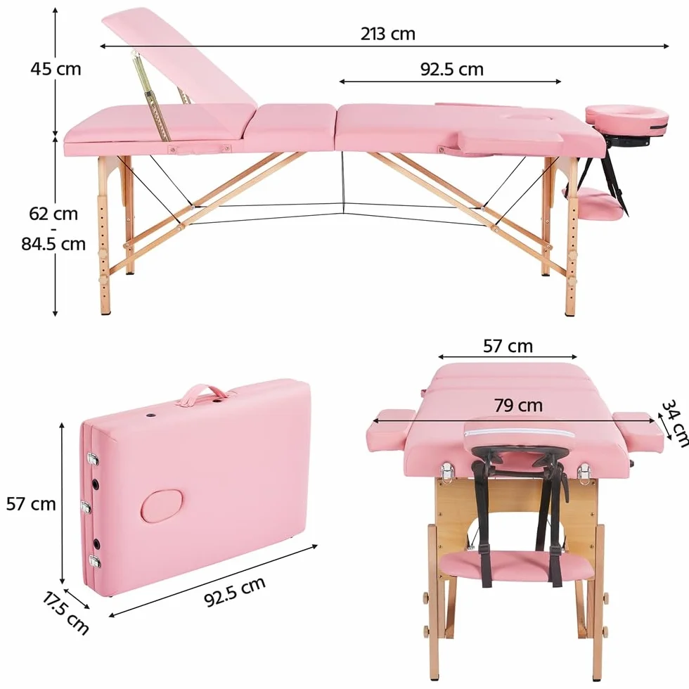 Yaheetech Lettino da Massaggio Portatile Pieghevole Legno Faggio 213 x 57 cm Altezza Regolabile Rosa