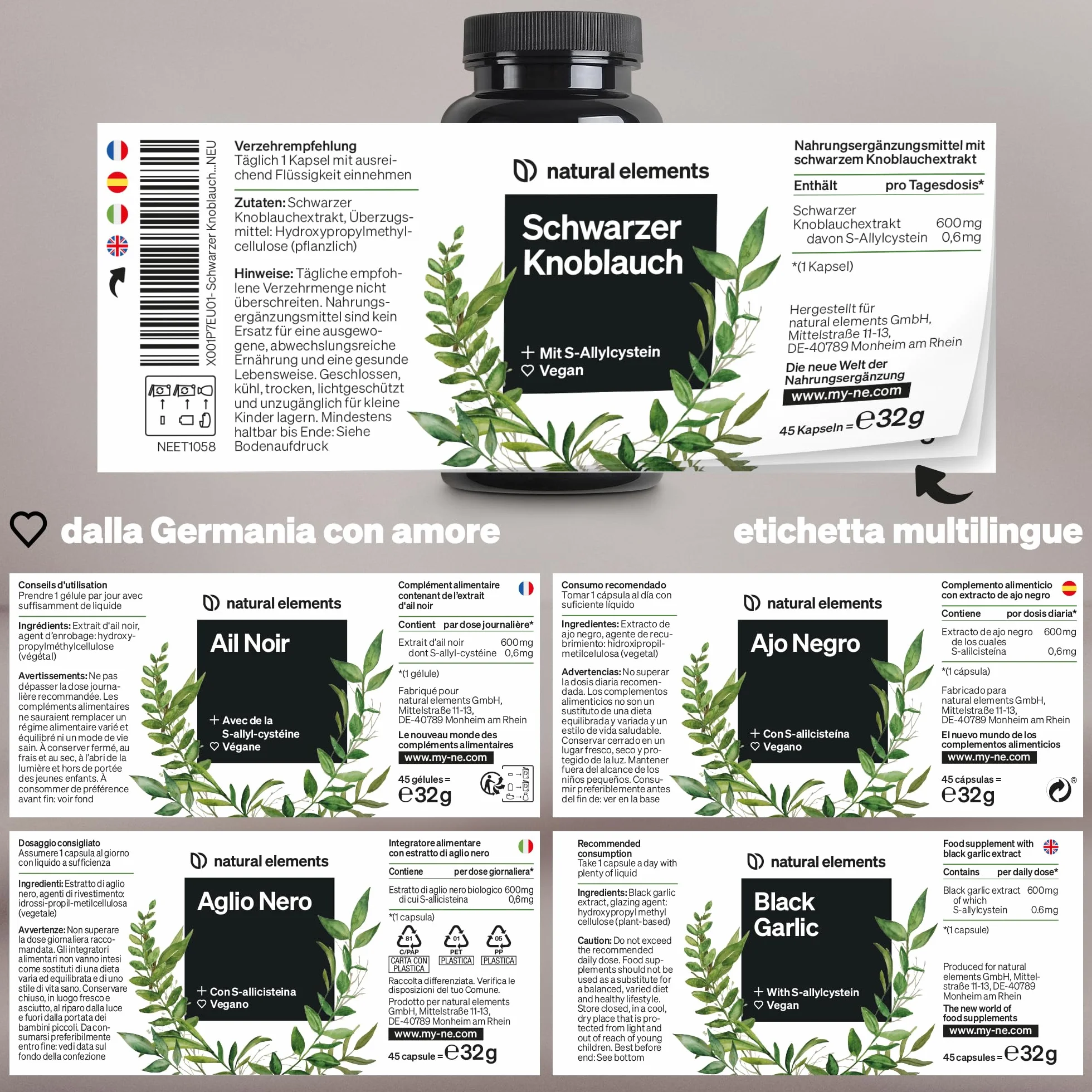 Aglio Nero – 45 capsule da 600 mg ciascuna – miracoloso bulbo con S-allicisteina – naturale, vegano, ad alto dosaggio – prodotto e testato in laboratorio in Germania