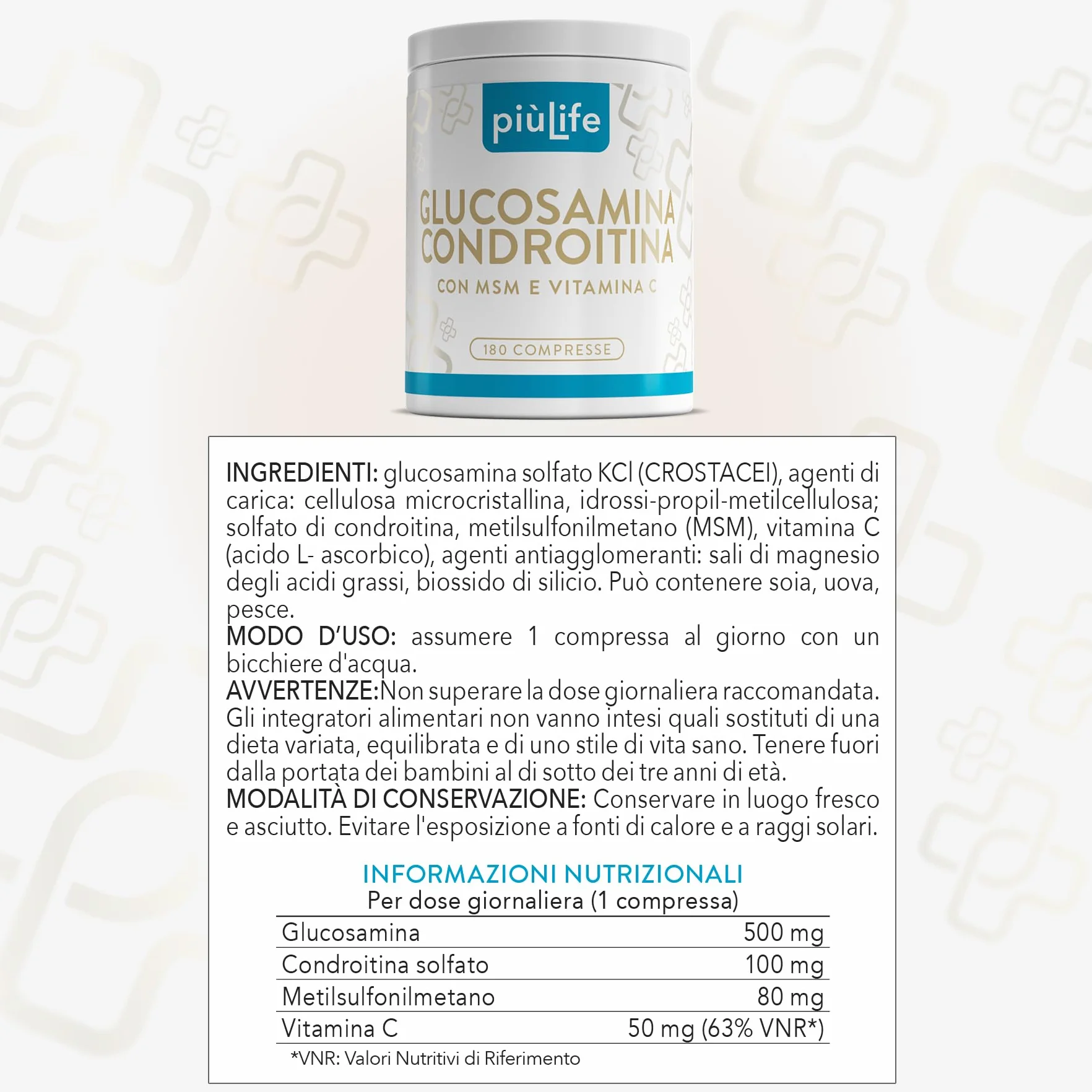 Glucosamina Condroitina Msm 730mg per Compressa PiùLife, Integratore Articolazioni e Cartilagine ginocchio, Complex Condroitina Glucosamina Alto Dosaggio con Vitamina C per il Collagene