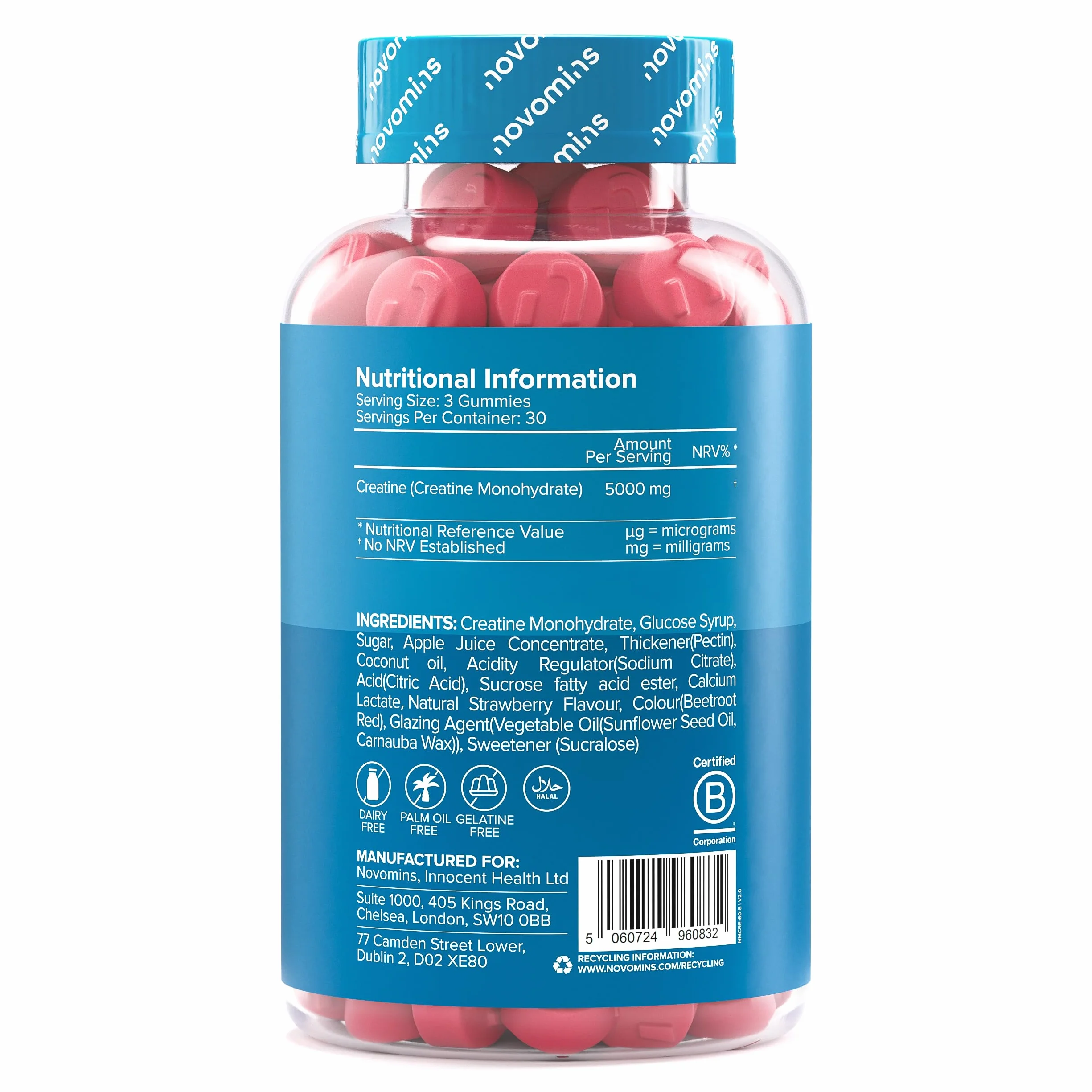 Creatina Monoidrata Gommose – 5000 mg per Porzione ad Alta Forza – Aumenta le Prestazioni Fisiche – Alternativa a Polvere, Compresse e Capsule – Vegana, Gusto Fragola – 90 Gommose – Novomins
