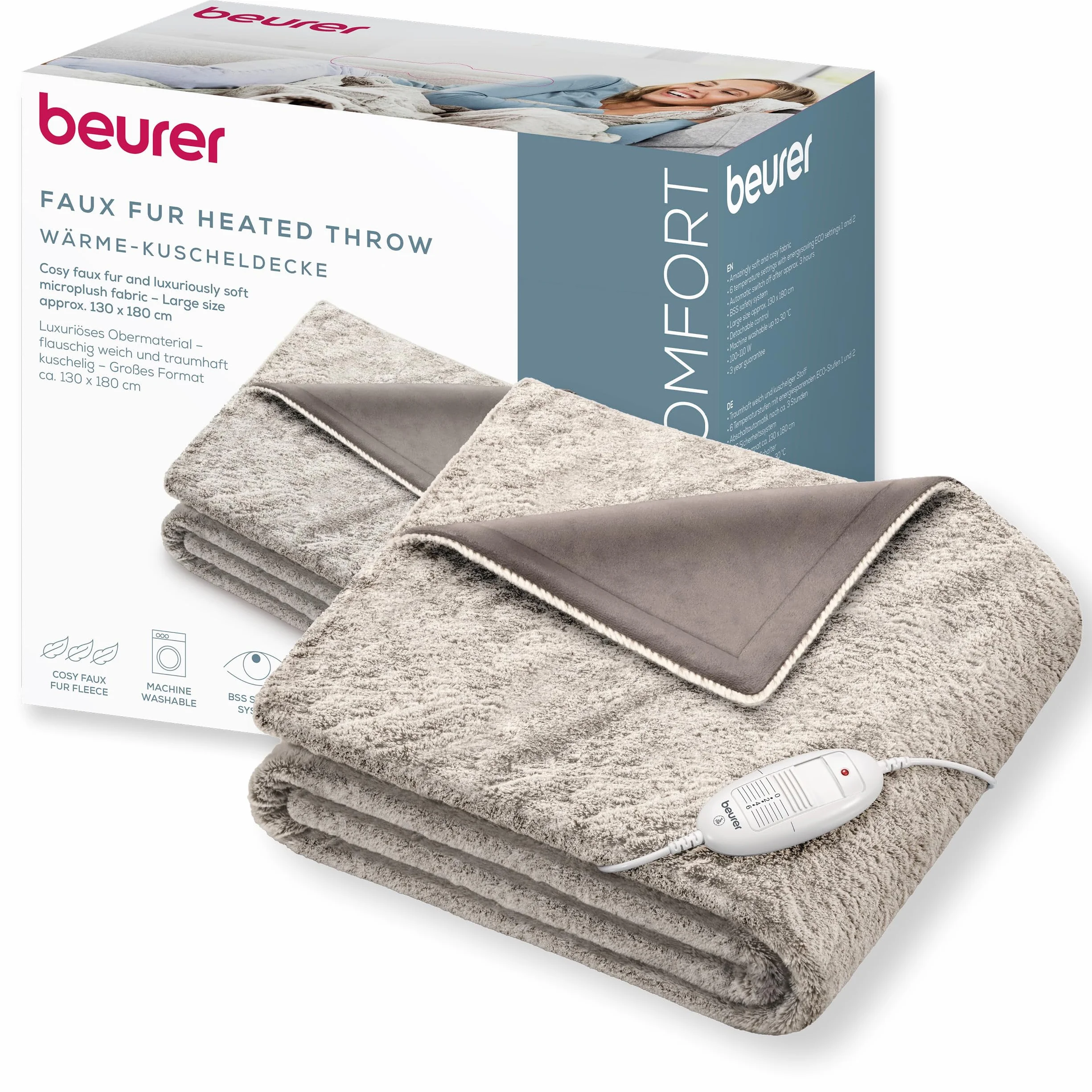 Beurer HD 75 Nordic Coperta elettrica, effetto pelliccia sintetica, con 6 livelli di temperatura, lavabile in lavatrice a 30 °C, coperta elettrica con spegnimento automatico, beige/marrone, 180x130 cm