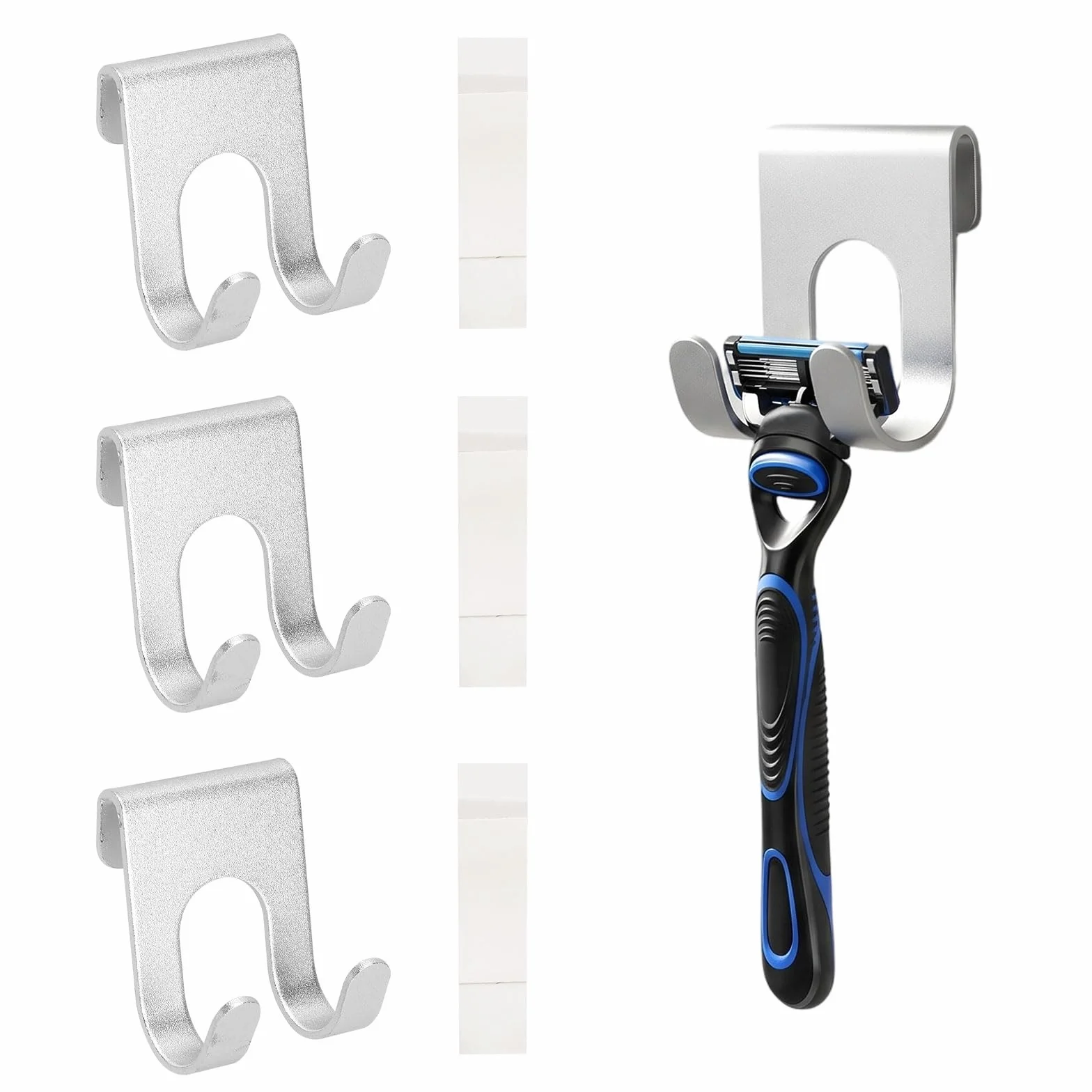 Supporto per rasoio da doccia, supporto per rasoio, supporto per doccia, supporto per rasoio, autoadesivo, senza foratura, presa forte, in alluminio, set da 4 pezzi, per bagno e cucina