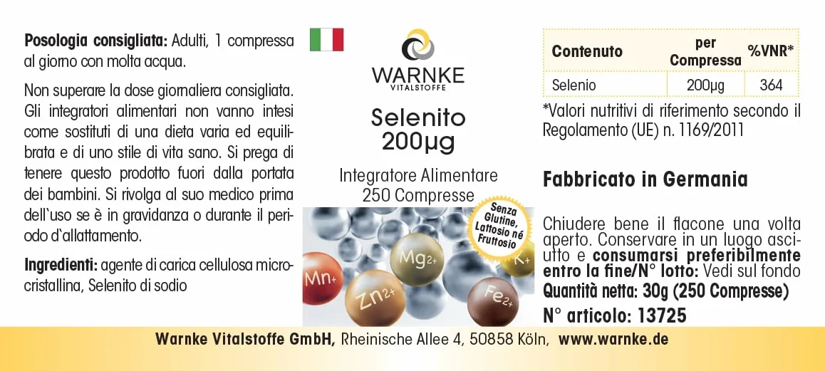 Selenite 200μg - 250 compresse - 200μg di selenio per compressa - Selenito di sodio - ALTO DOSAGGIO - Qualità farmaceutica tedesca - Vegano | Warnke Vitalstoffe