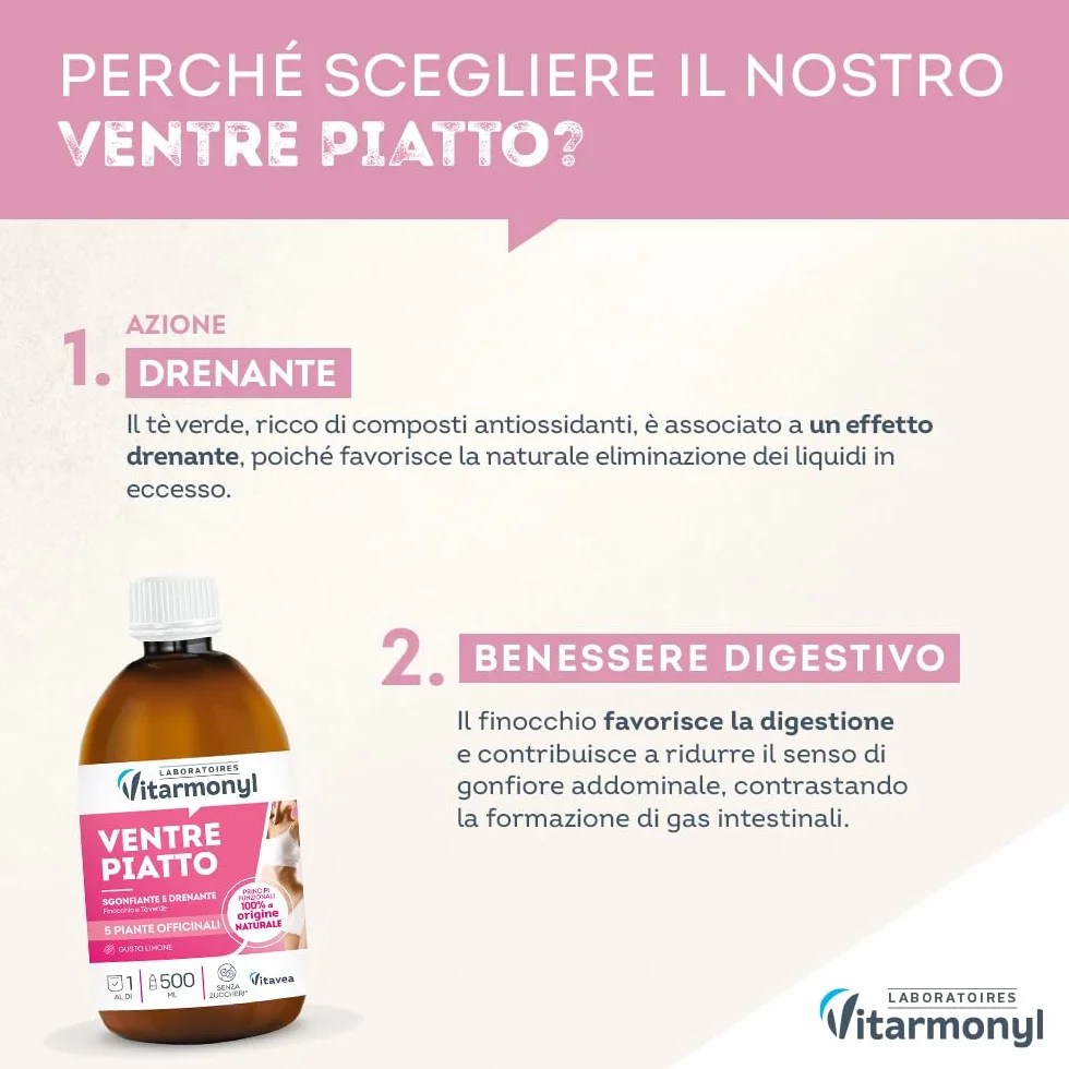 Vitarmonyl Ventre Piatto Drenante Detox 500 ML Thè Verde Finocchio Gusto Limone