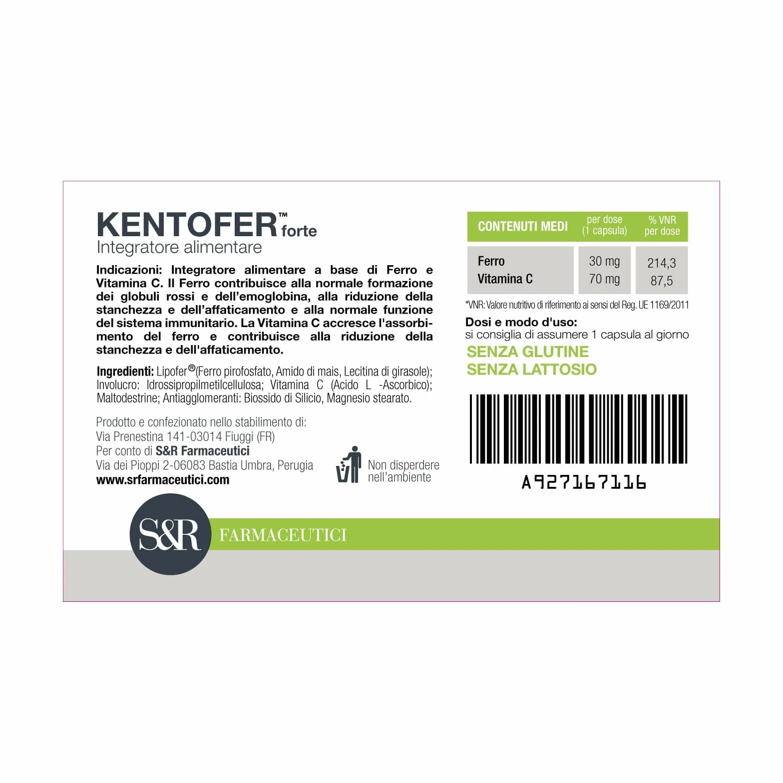 S&R Farmaceutici | KENTOFER Forte - Integratore alimentare a base di Ferro, utile supporto in caso di carenza di Ferro e di Anemia Sideropenica, 20 capsule da 568 mg