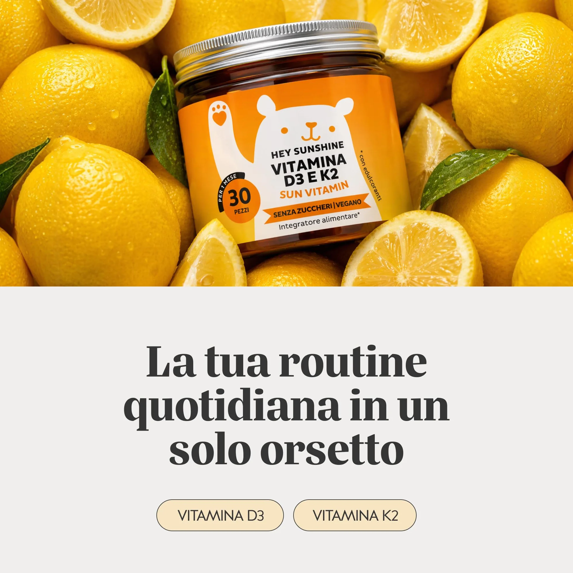Vitamina D3 K2 - Hey Sunshine – Caramelle gommose con Vitamina D3 25 µg (1000 UI) e K2 – Funzione normale del sistema immunitario – 30 pezzi (1 mese) – Senza zucchero, Vegane – Bears with Benefits