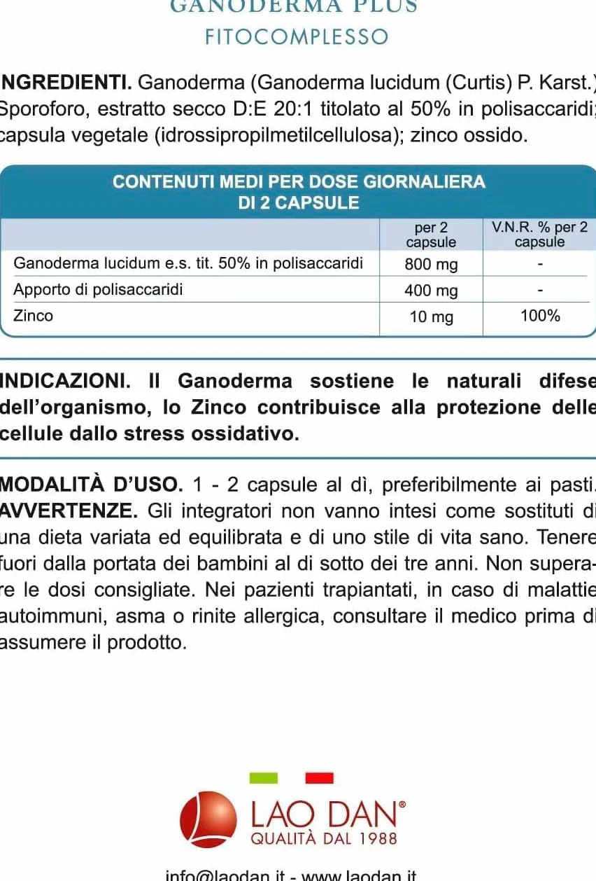 Nuovo GANODERMA PLUS - REISHI da Fitoricerca Lao Dan® Nuova formula 60 Cps 100% Naturale Zero Additivi +33% di Estratto Premium Quality 400mg Massima titolazione 50% polisaccaridi Made in Italy