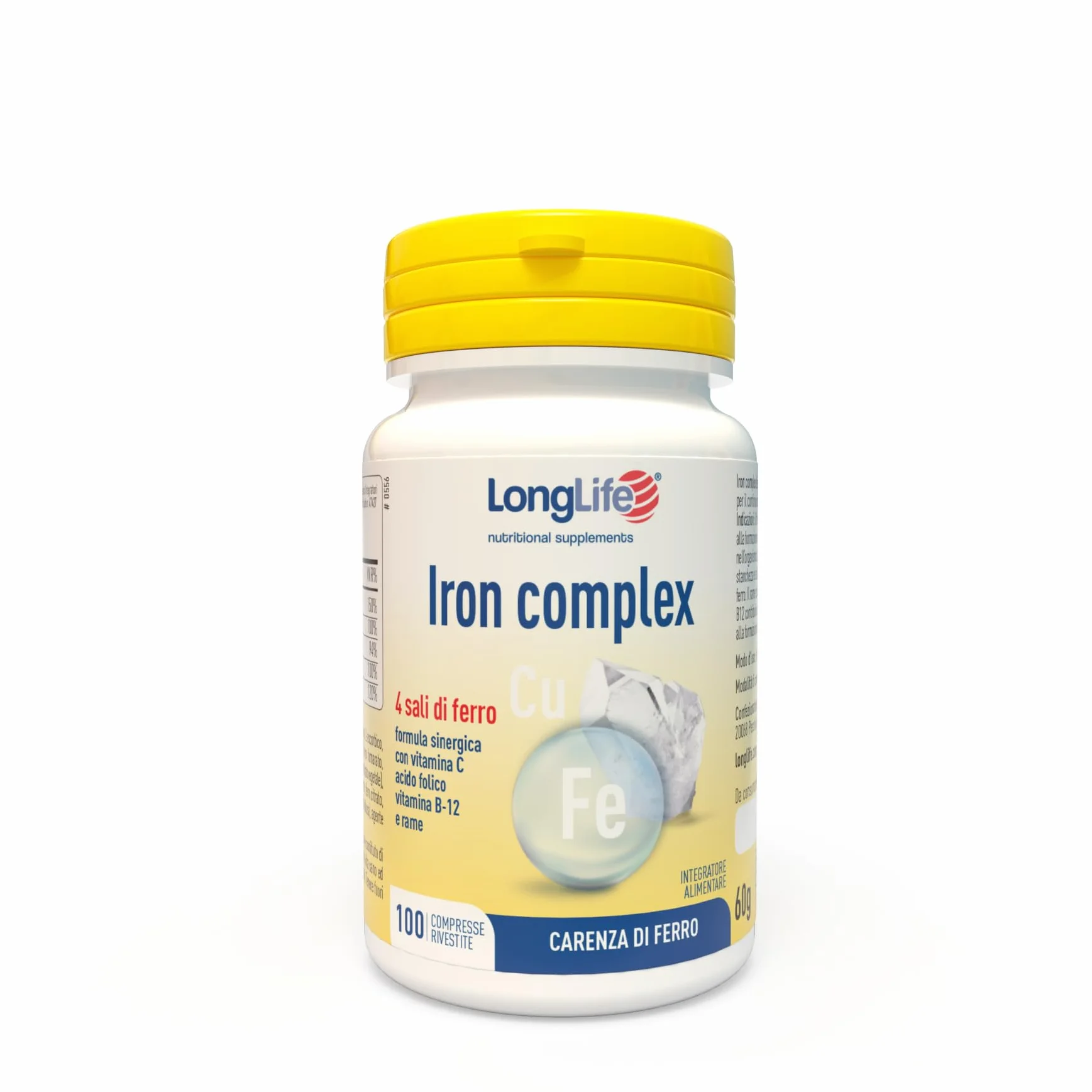 LongLife® Iron complex | 4 sali di ferro ad alta biodisponibilità | Con vitamina C e B12, acido folico e rame | Oltre 3 mesi di trattamento | Ricarica e riduzione stanchezza | Vegano e senza glutine
