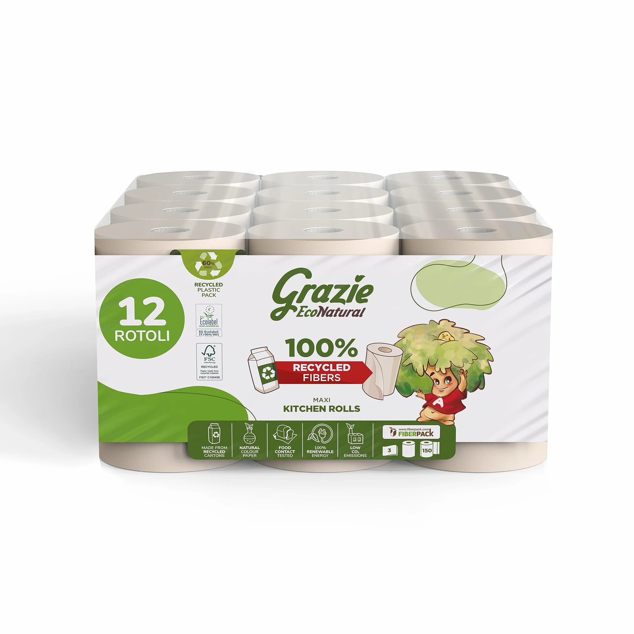 Asciugatutto Monorotolo 12 Rotoli Bobina Carta Assorbente 100% Riciclata Fiberpack Ecolabel FSC Recycled Made in Italy