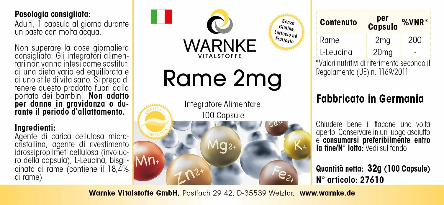 Rame 2mg - 100 capsule vegane da rame bisglicinato | Warnke Vitalstoffe - Qualità da farmacia tedesca