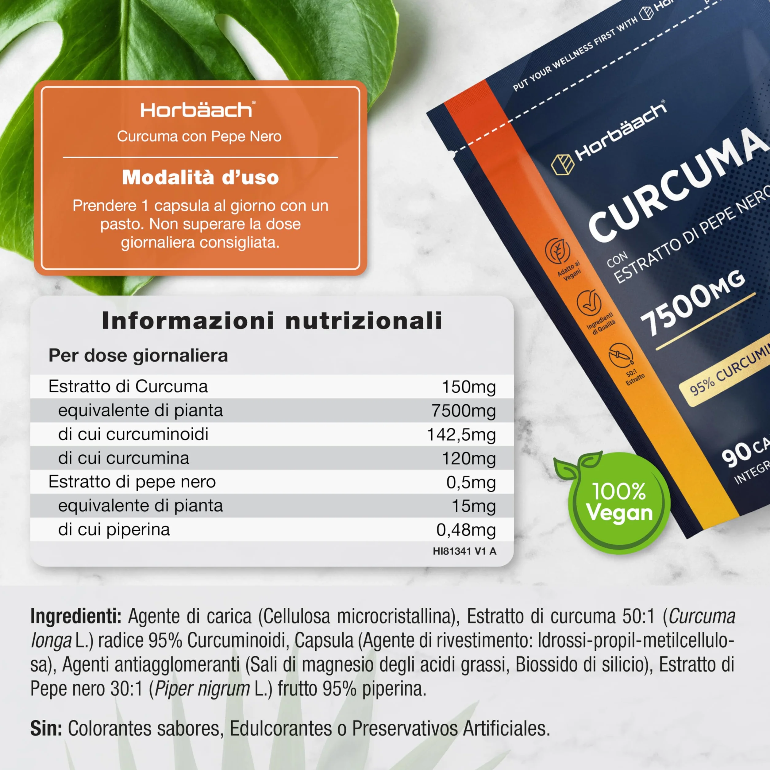 Curcuma Capsule 7500mg Horbaach Alta Dosaggio Curcumina e Piperina Turmeric and Black Pepper