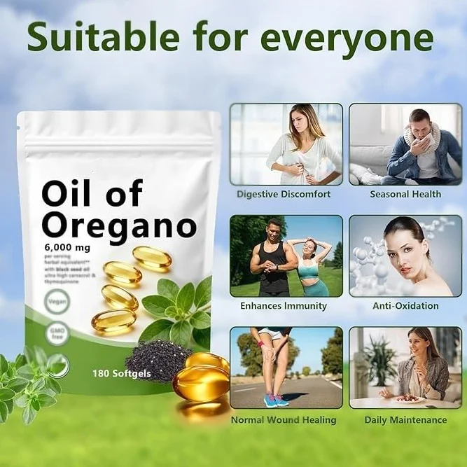 Olio di origano Softgels 180 conteggi 2 in 1 con olio di semi neri carvacrolo timochinone senza glutine non OGM