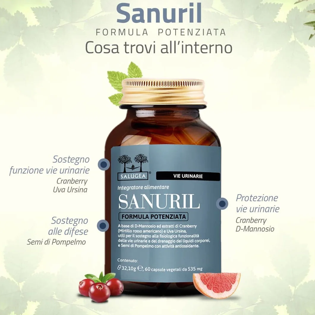 SANURIL Formula Potenziata Salugea Integratore 100% Naturale D-Mannosio Cranberry Uva Ursina Semi di Pompelmo Benessere Vie Urinarie 60 Capsule Flacone Vetro