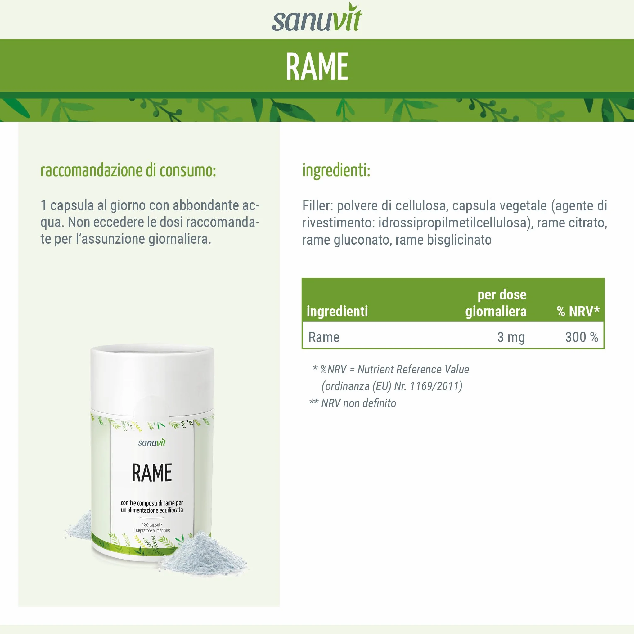 Sanuvit® - Rame 3mg | 180 capsule | Alta biodisponibilità | Citrato di rame ad alto dosaggio con 3 mg di rame di alta qualità per capsula | vegano
