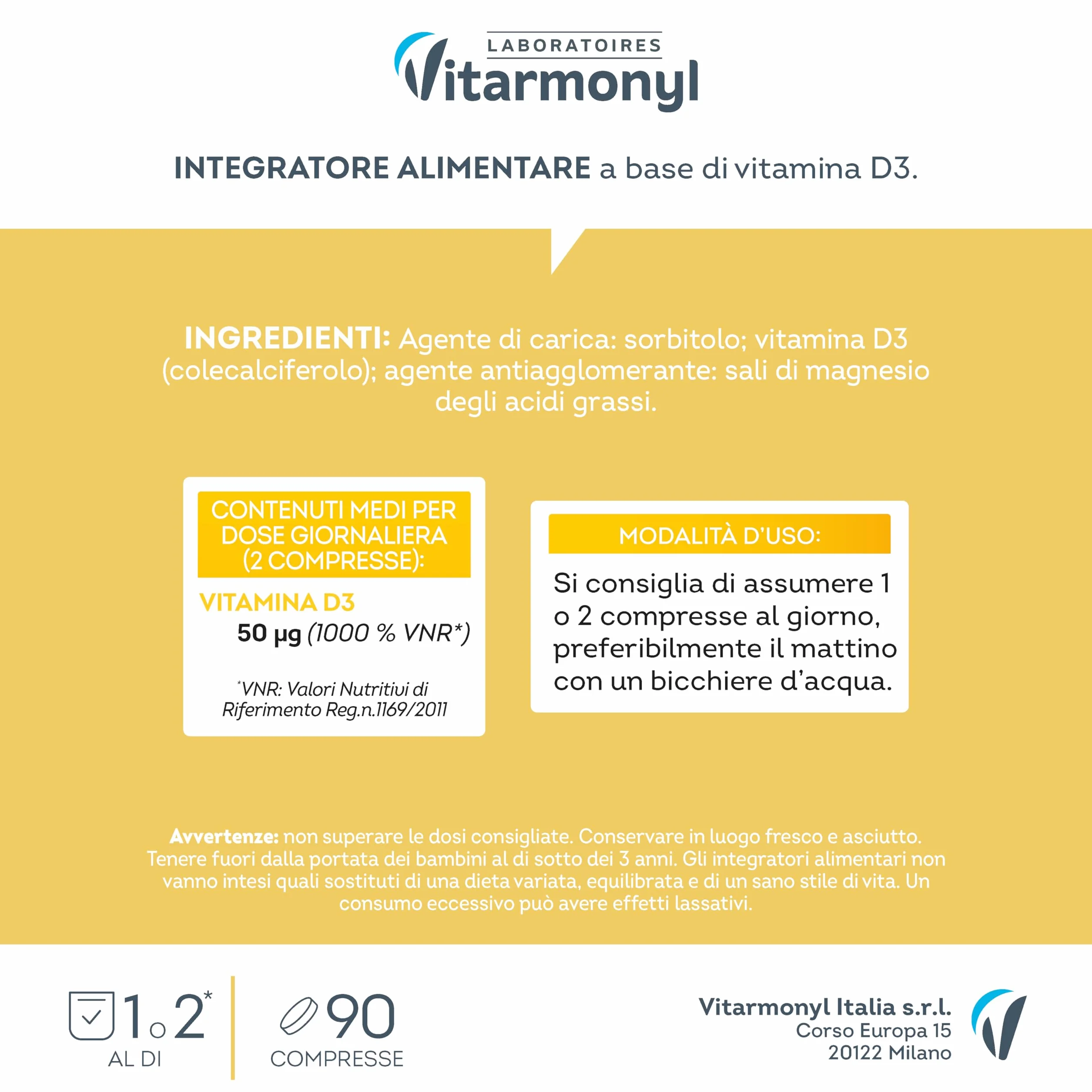 Vitamina D3 - Formula Potenziata 2000 UI - Integratore Difese Immunitarie - Assorbimento Calcio e Fosforo, Salute Ossa, Denti e Muscoli - Sistema Immunitario - 90 Compresse - Vitarmonyl