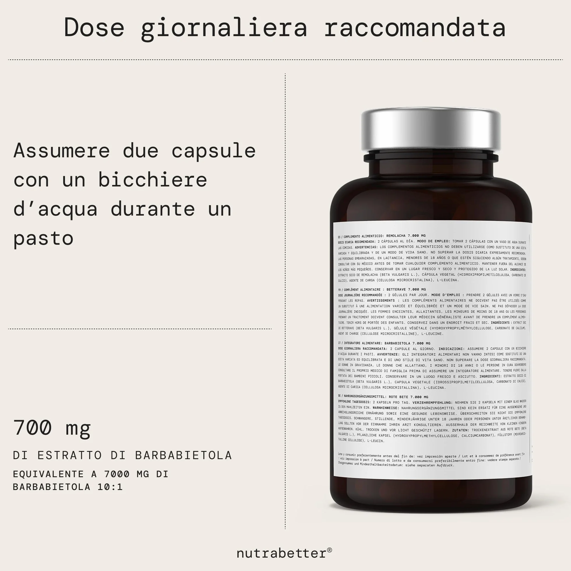 Nutrabetter Barbabietola Rossa Integratore 7000 mg 200 Capsule Vegane Estratto di Ossido Nitrico