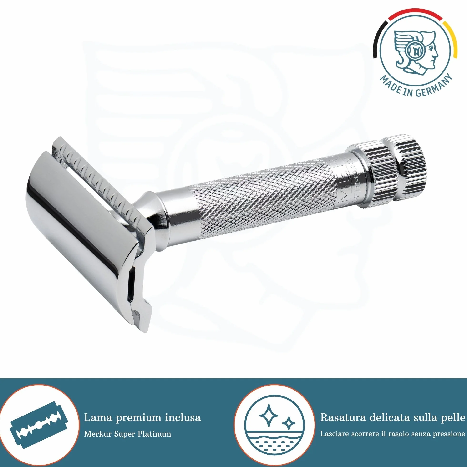 MERKUR 34C Rasoio di sicurezza – Finitura cromata lucida, manico corto e pesante, struttura in due pezzi, pettine chiuso, rasatura sostenibile – Made in Germany