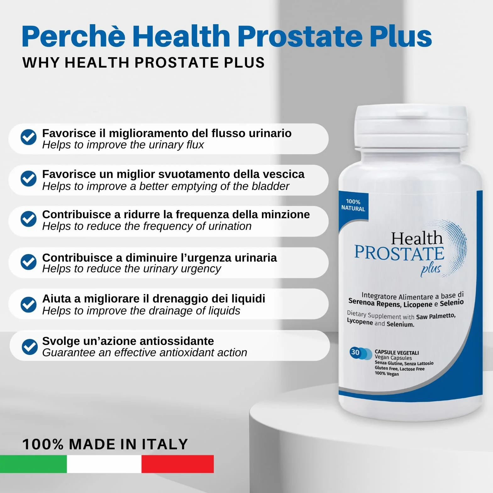 Health Prostate Plus | Integratore Prostata e Vie Urinarie Maschili con Serenoa Repens, Licopene e Selenio | Confezione da 30 capsule