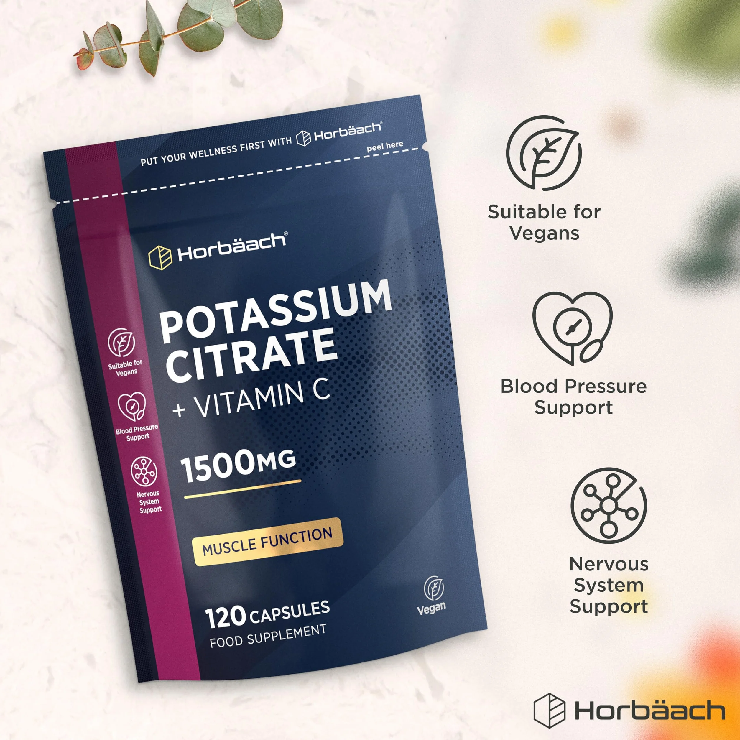 Citrato di Potassio con Vitamina C | 120 Compresse Vegane | 1500mg di Potassium Citrate | Aumento della massa muscolare e Elettroliti (EFSA) | Integratore di Potassio | Horbaach