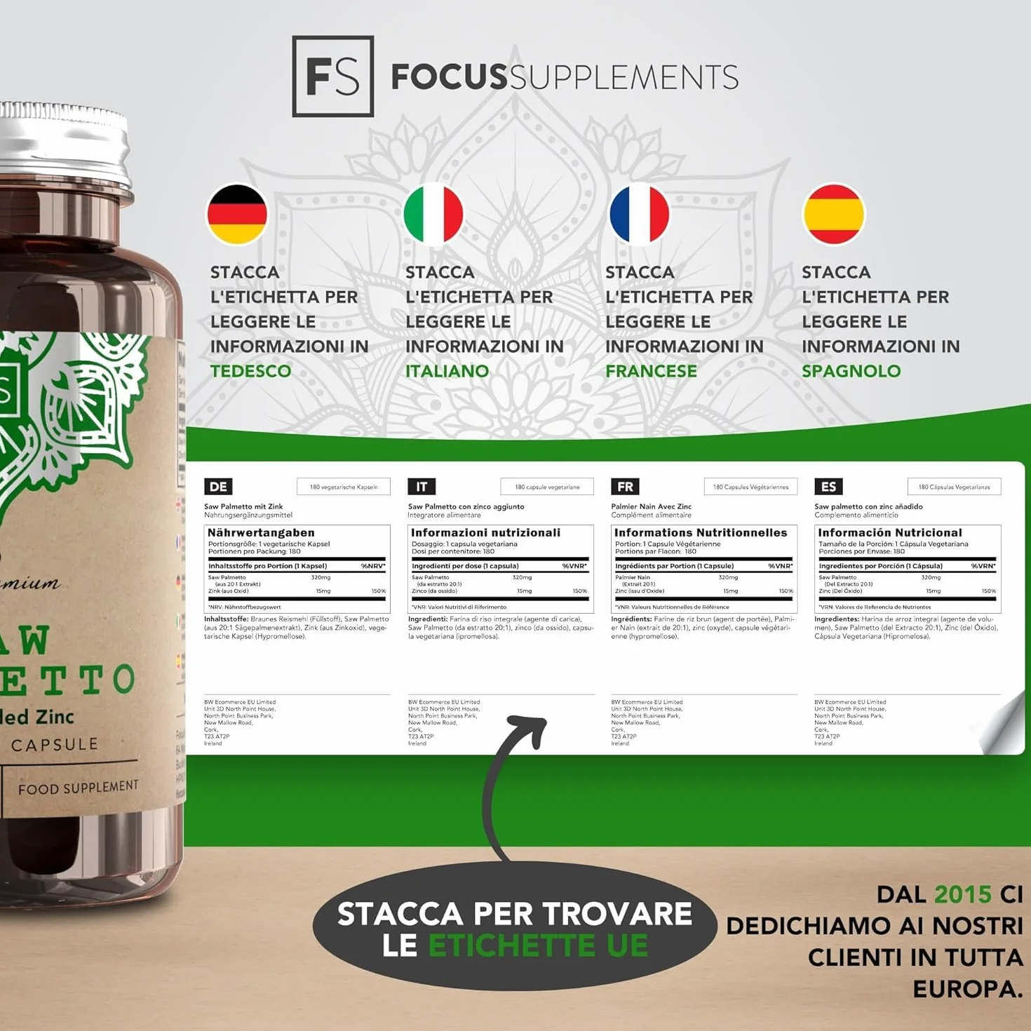 Saw Palmetto 180 Capsules 320mg with Zinc 15mg Prostate Support Non-OGM Gluten Free