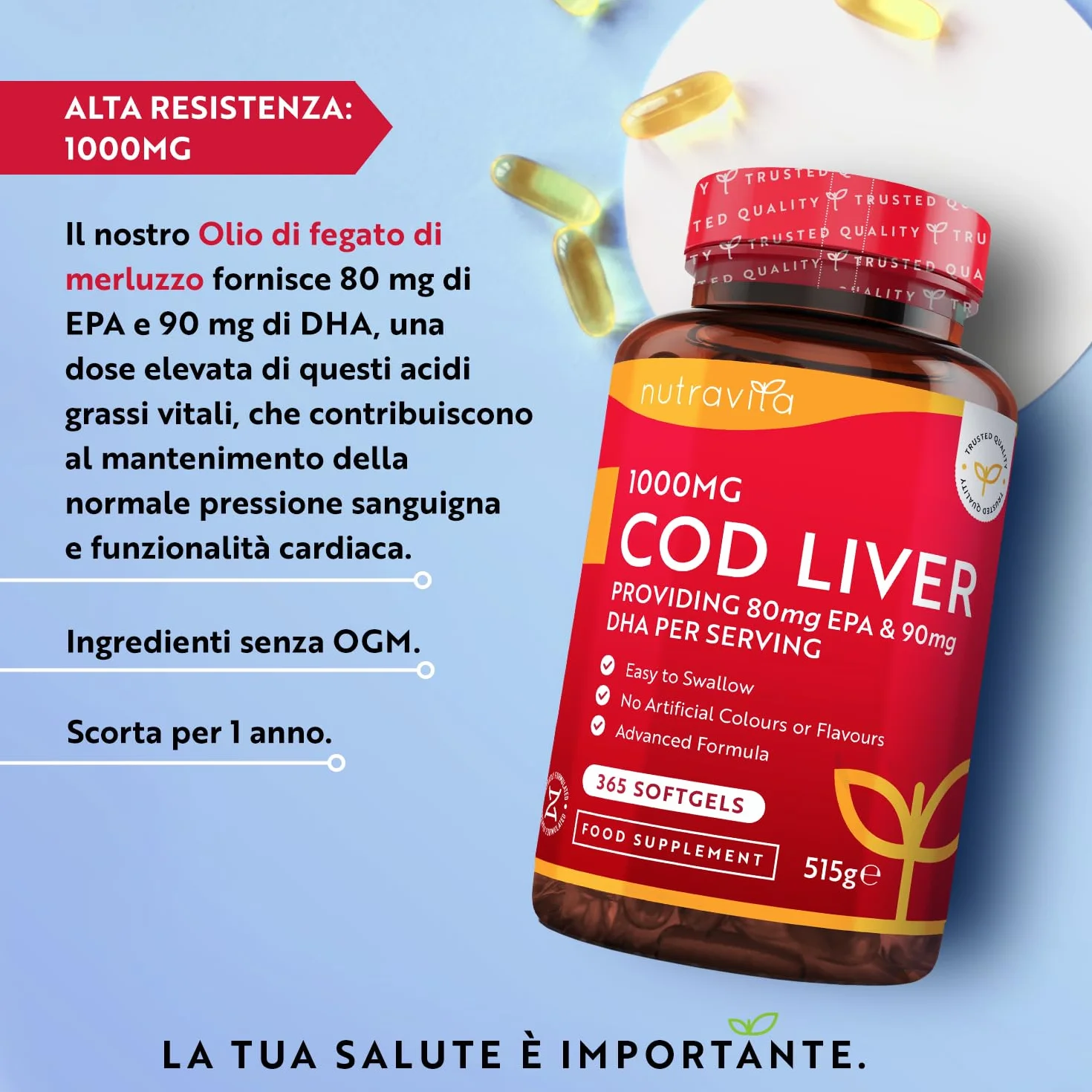 Nutravita Olio di Fegato di Merluzzo 1000 mg 365 Capsule Omega 3 Alta Resistenza con Vitamine A D E Aglio