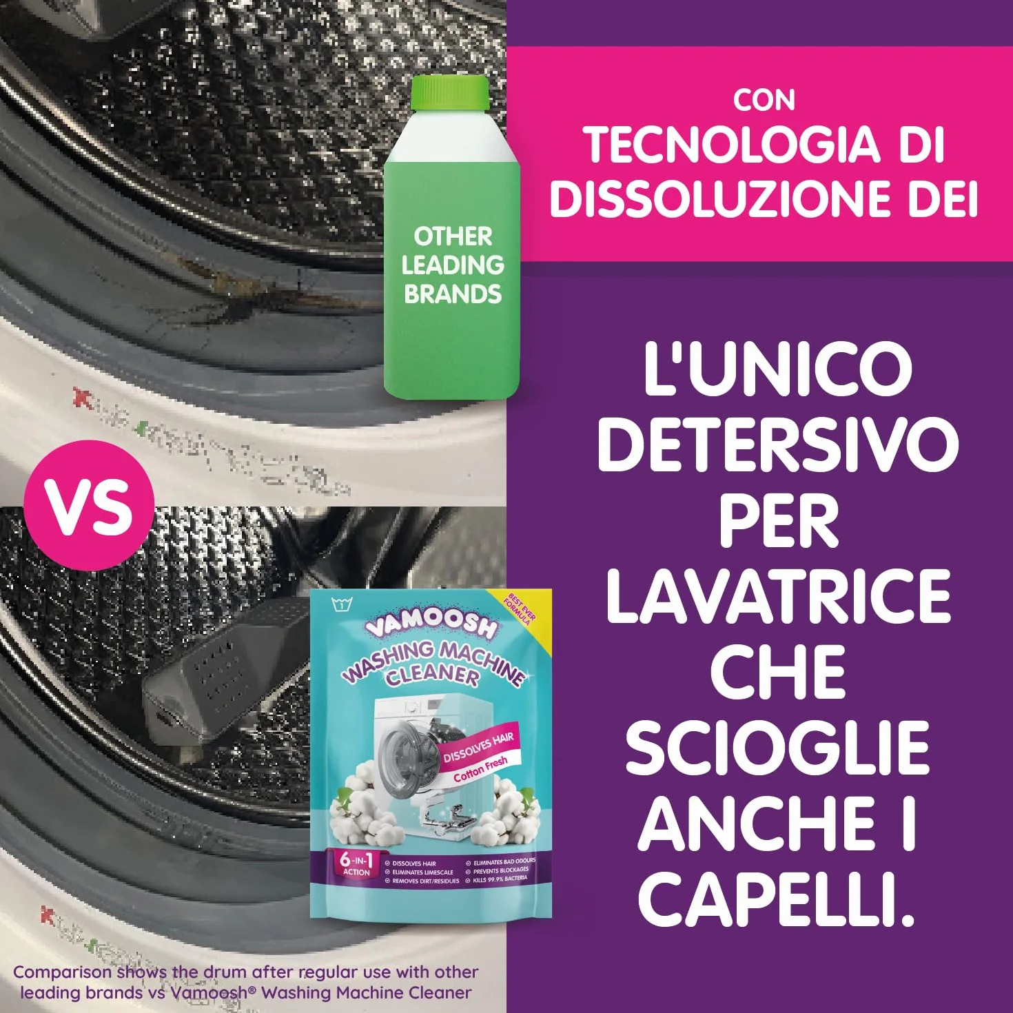 Vamoosh Pulitore Lavatrice 6 in 1, Profumo Cotone Fresco, Antibatterico, Disincrosta, 2 Lavaggi
