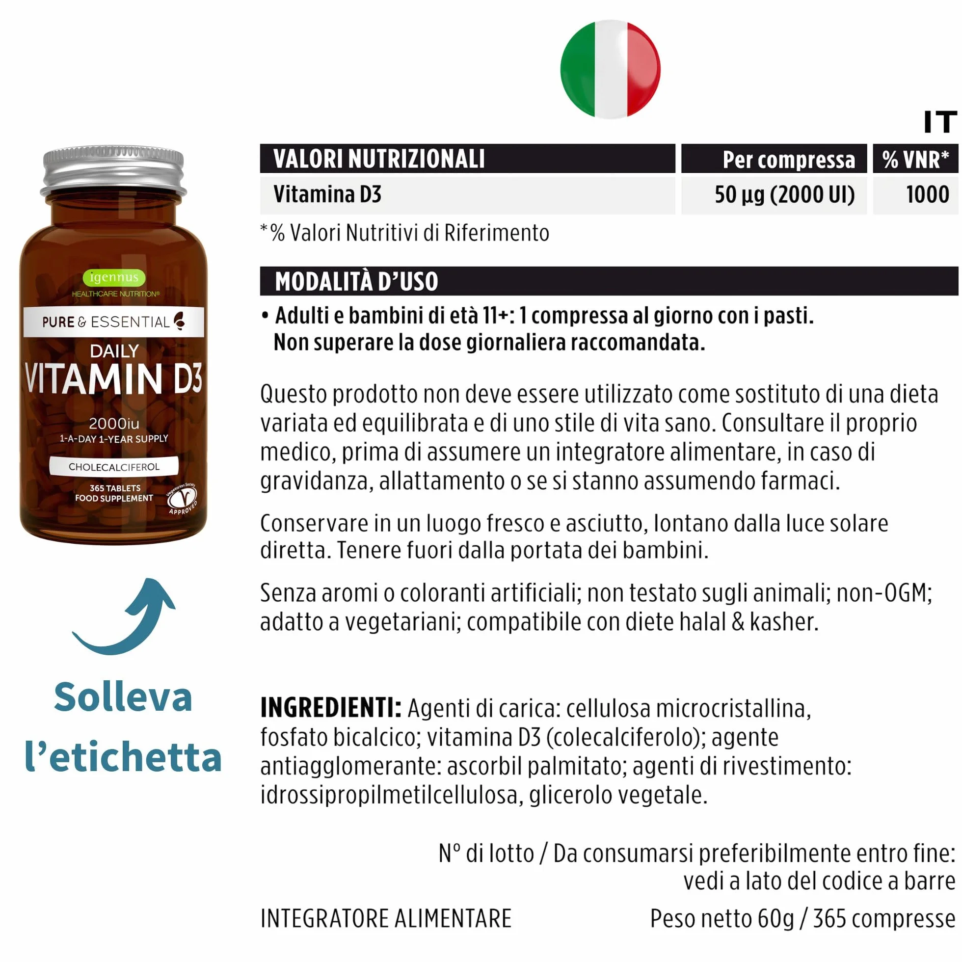 Igennus Vitamina D3 2000 UI (50 μg), 365 Compresse Scorta per 1 Anno, Vitamina D Pura, Integratore D3 Vegetariano, Colecalciferolo, Formula Pulita, Difese Immunitarie, Ossa, Denti e Muscoli