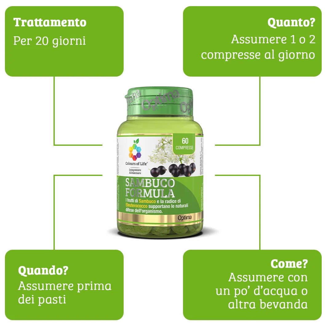 Colours Of Life Sambuco Formula - integratore alimentare a base di Sambuo ed Eleuterococco, aiuta a rafforzare le naturali difese dell'organismo, 60 compresse
