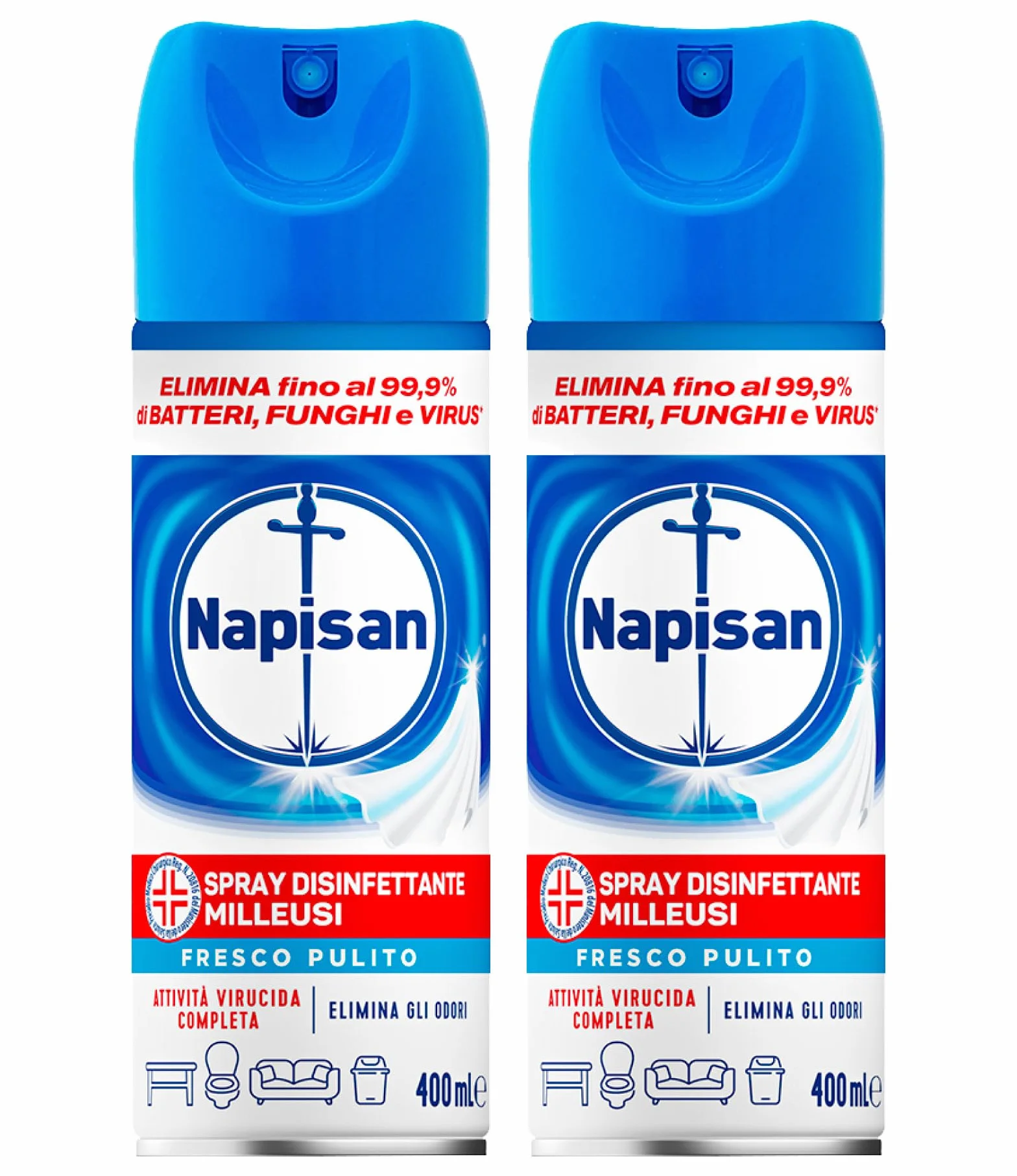 Napisan Spray Disinfettante Milleusi 2x400ml per Tessuti e Superfici Elimina Batteri Funghi Virus