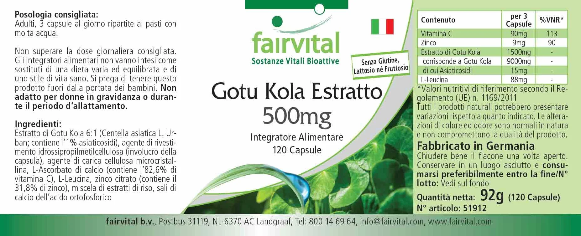 Fairvital Centella Asiatica 120 capsule 500 mg Alto Dosaggio Vegano
