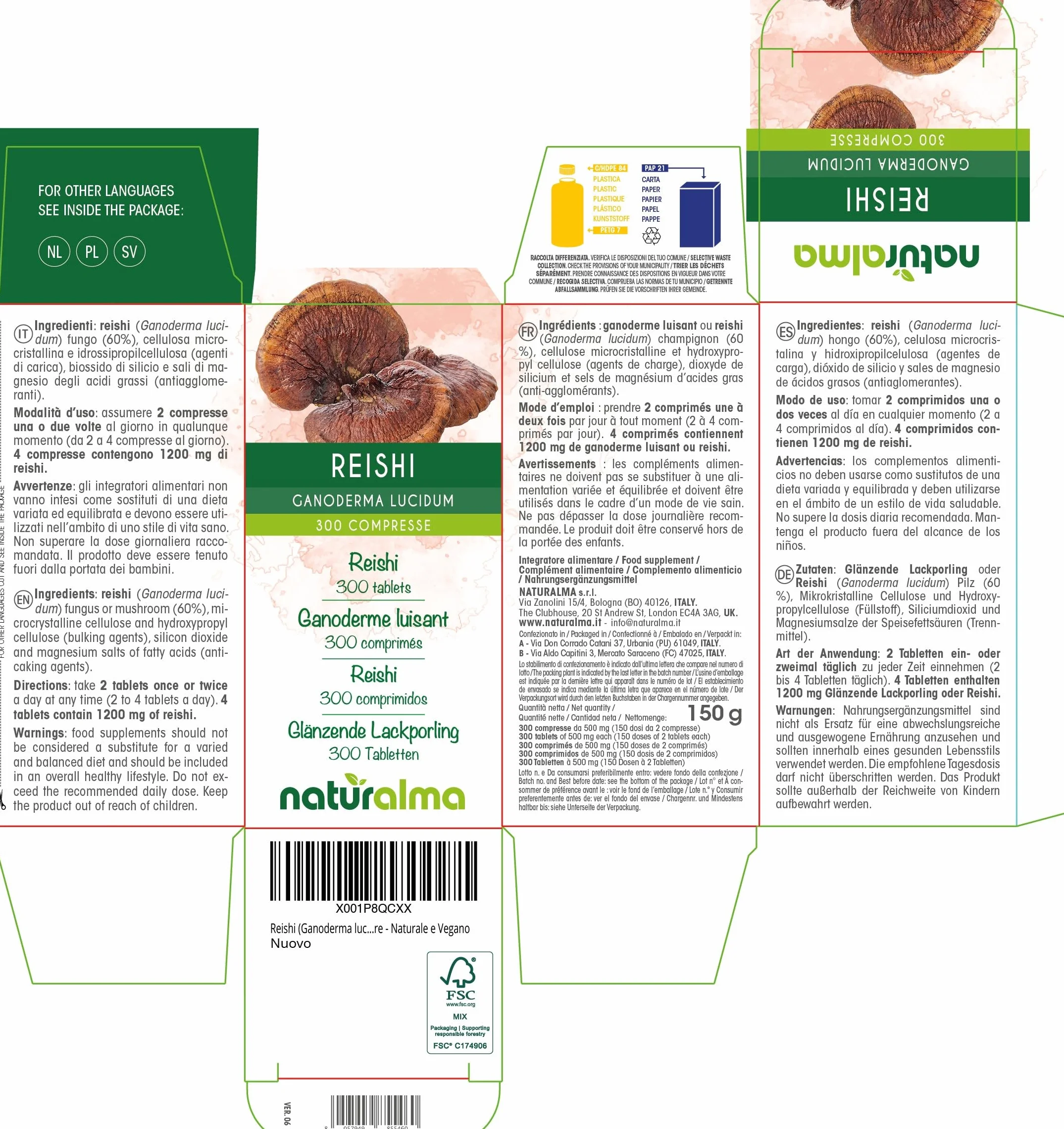Reishi (Ganoderma lucidum) fungo Naturalma - 150 g - 300 compresse - Integratore alimentare - Naturale e Vegano
