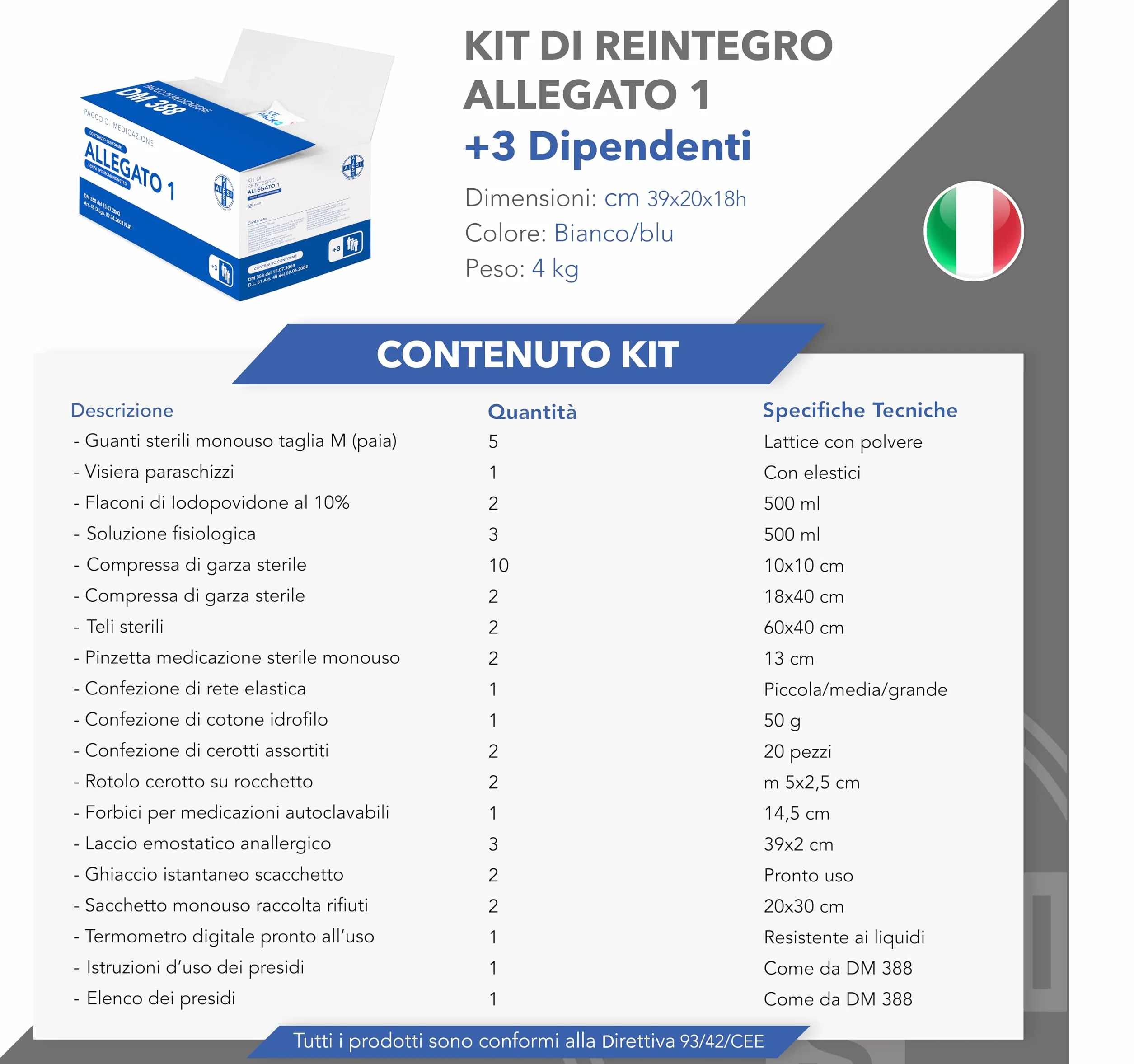 AIESI kit reintegro ALLEGATO 1 cassetta pronto soccorso aziende 3 dipendenti DM388 DL81 Made Italy