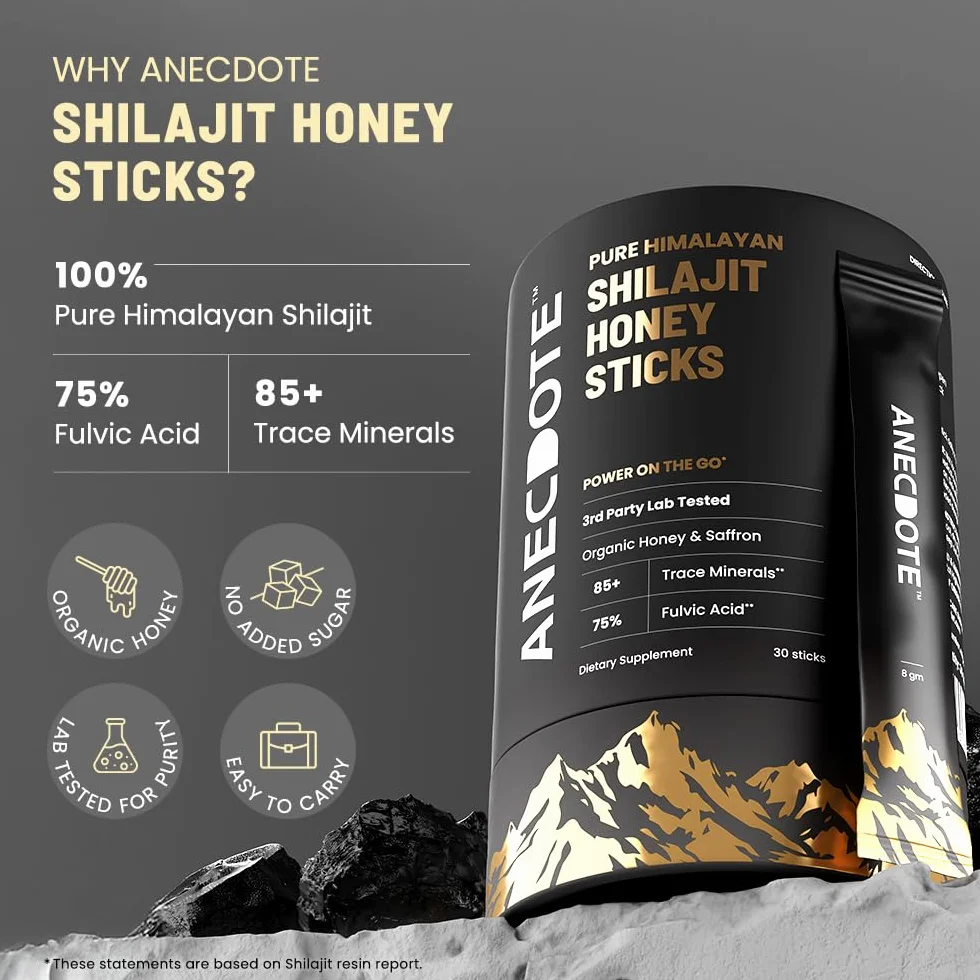 Anecdote Bastoncini di miele shilajit himalayano puro con miele e zafferano biologici | Aumenta la resistenza | Supporta l'immunità | 75% di acido fulvico, 85+ minerali traccia | Senza zucchero