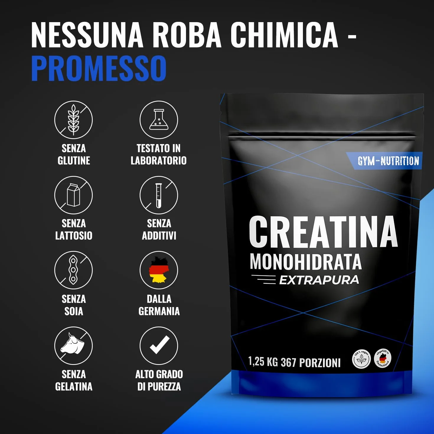 Creatina Monoidrata Polvere Extrapura - 1,25 kg (367 Porzioni) con Vitamina B6 - Vegan e Prodotta in Germania - Creatine Monohydrate Powder