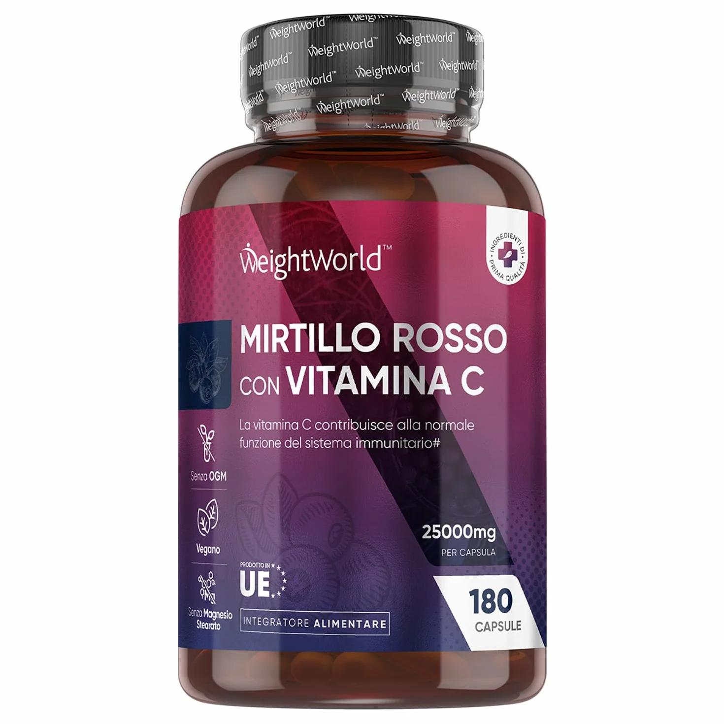 Mirtillo Rosso Vegano 180 Cranberry Capsule 25000mg per Capsula Integratore Alimentare Estratto 50:1 con Vitamina C