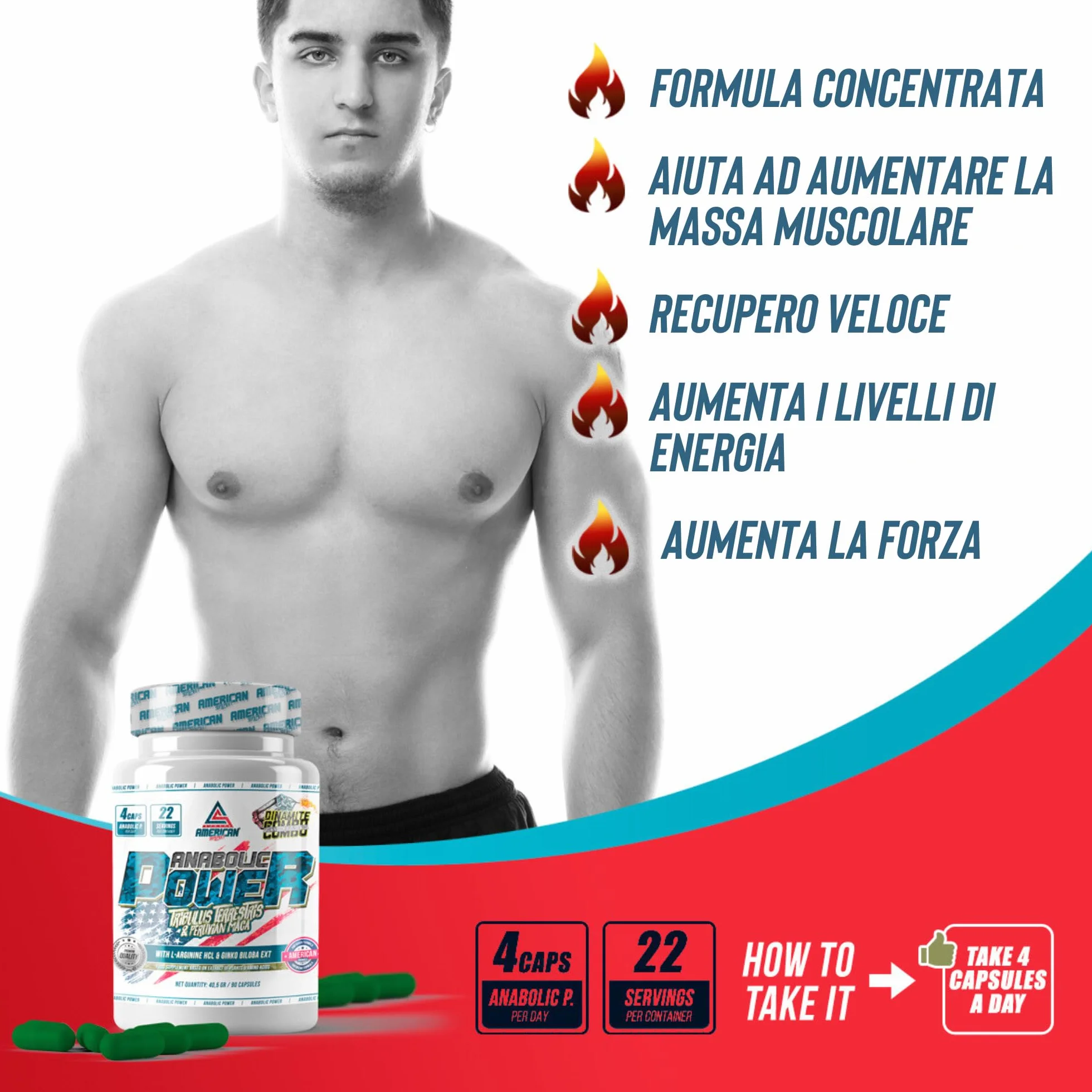 ANABOLIC POWER | Anabolizzanti Naturale | Gusto Neutro | Aiuta ad Aumentare la Tua Massa Muscolare | Arricchito con Ginkgo Biloba | 90 Capsule