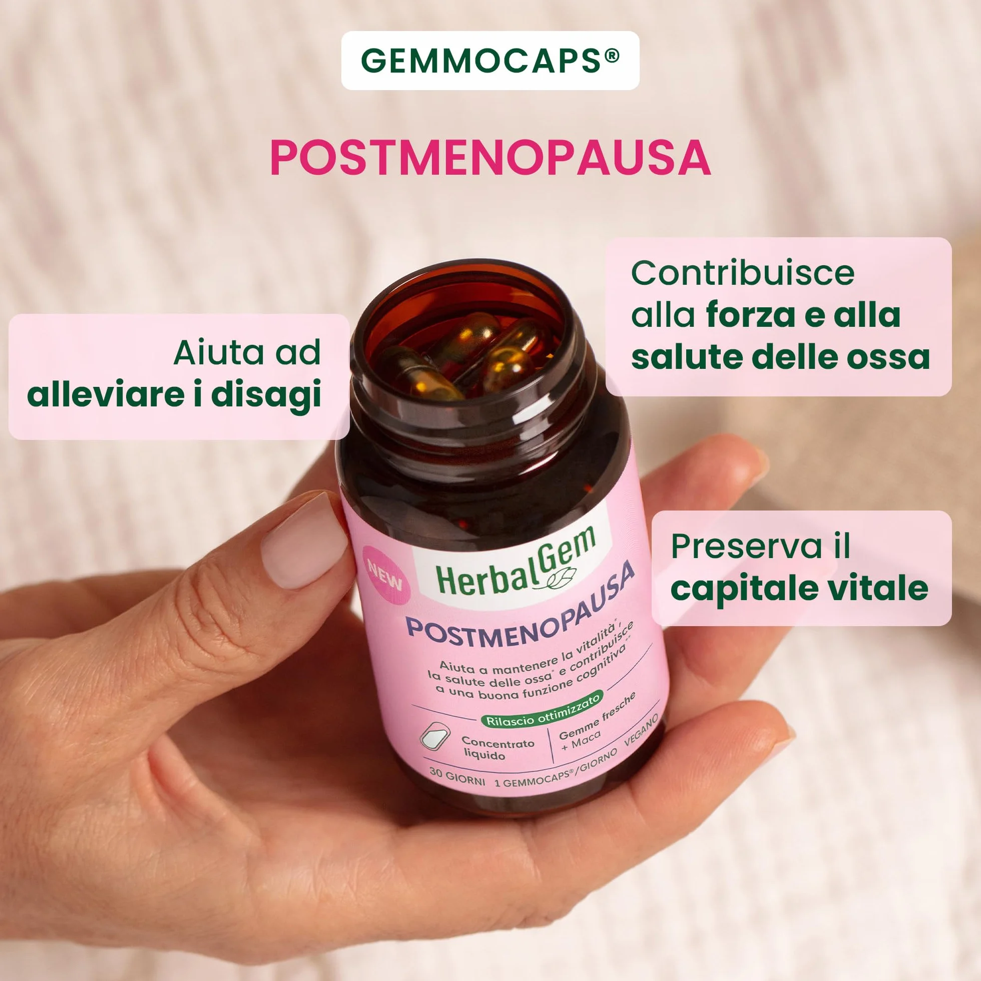 HerbalGem - GEMMOCAPS Postmenopausa - Complemento Senza Ormoni - Allevia il Disagio e Rafforza le Funzioni Ossee e Cognitive - 30 capsule