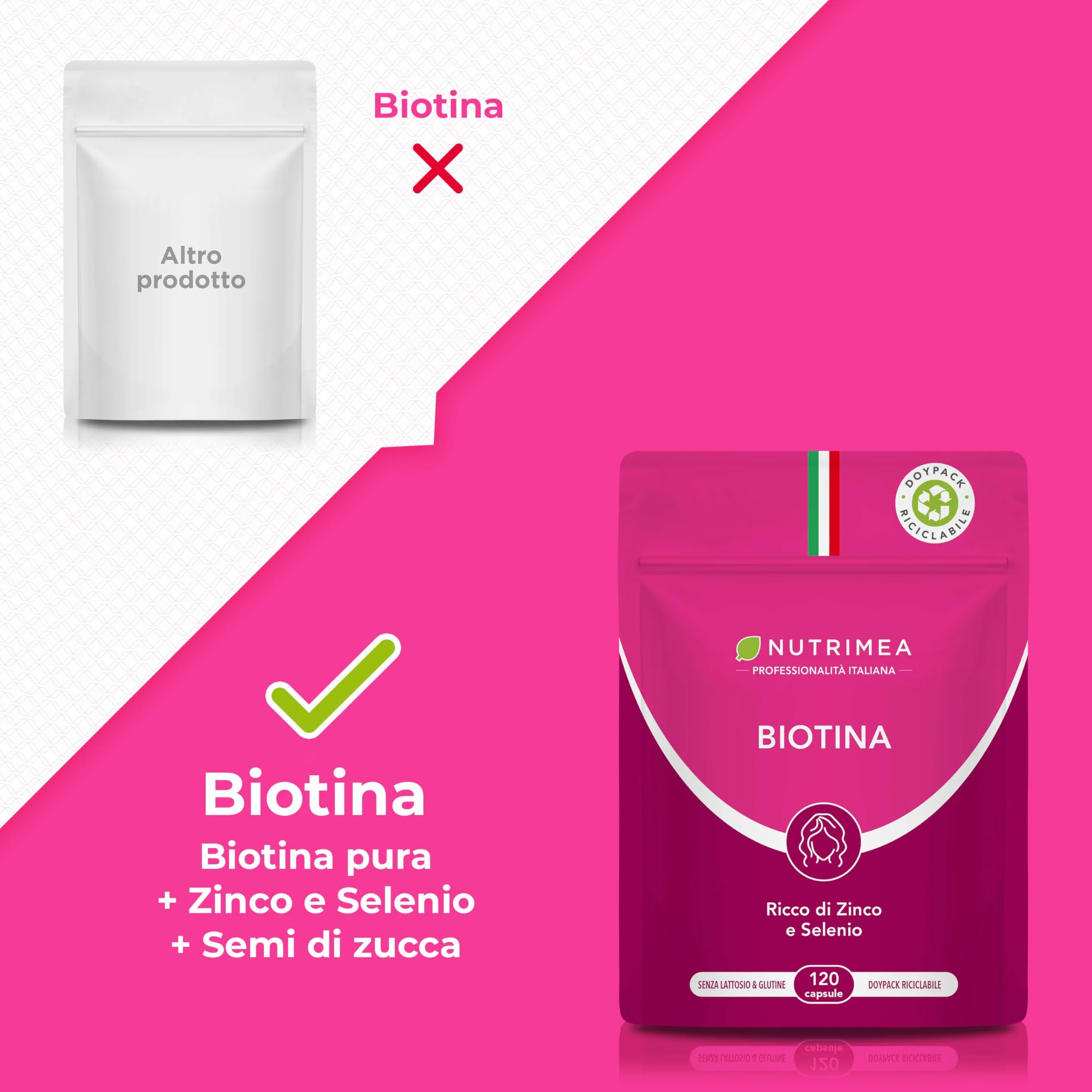 Nutrimea Biotina Capelli 120 Capsule Integratori Capelli Unghie Pelle Vitamina B8 Zinco Selenio Semi di Zucca