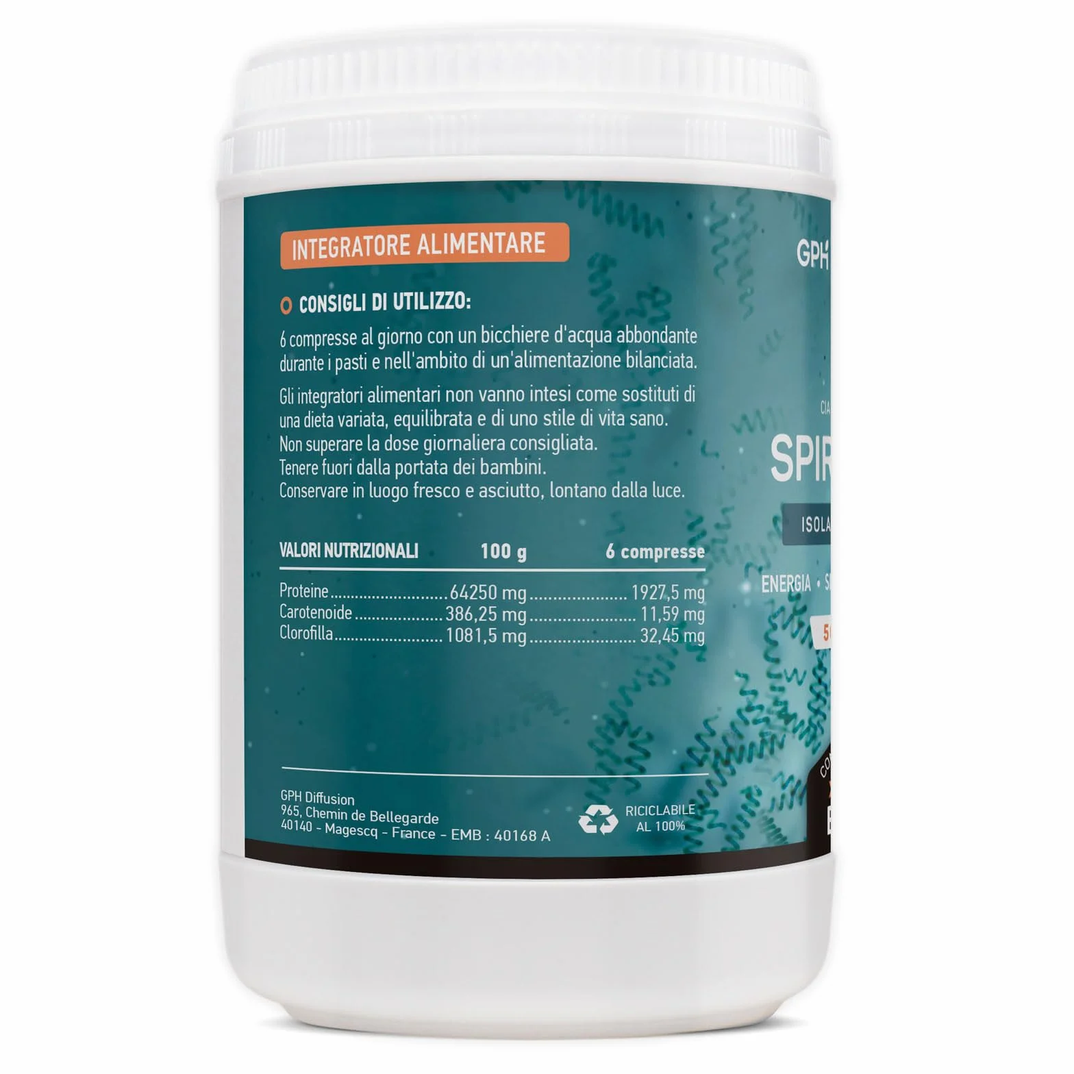 GPH Diffusion Spirulina Biologica 500mg 1000 compresse