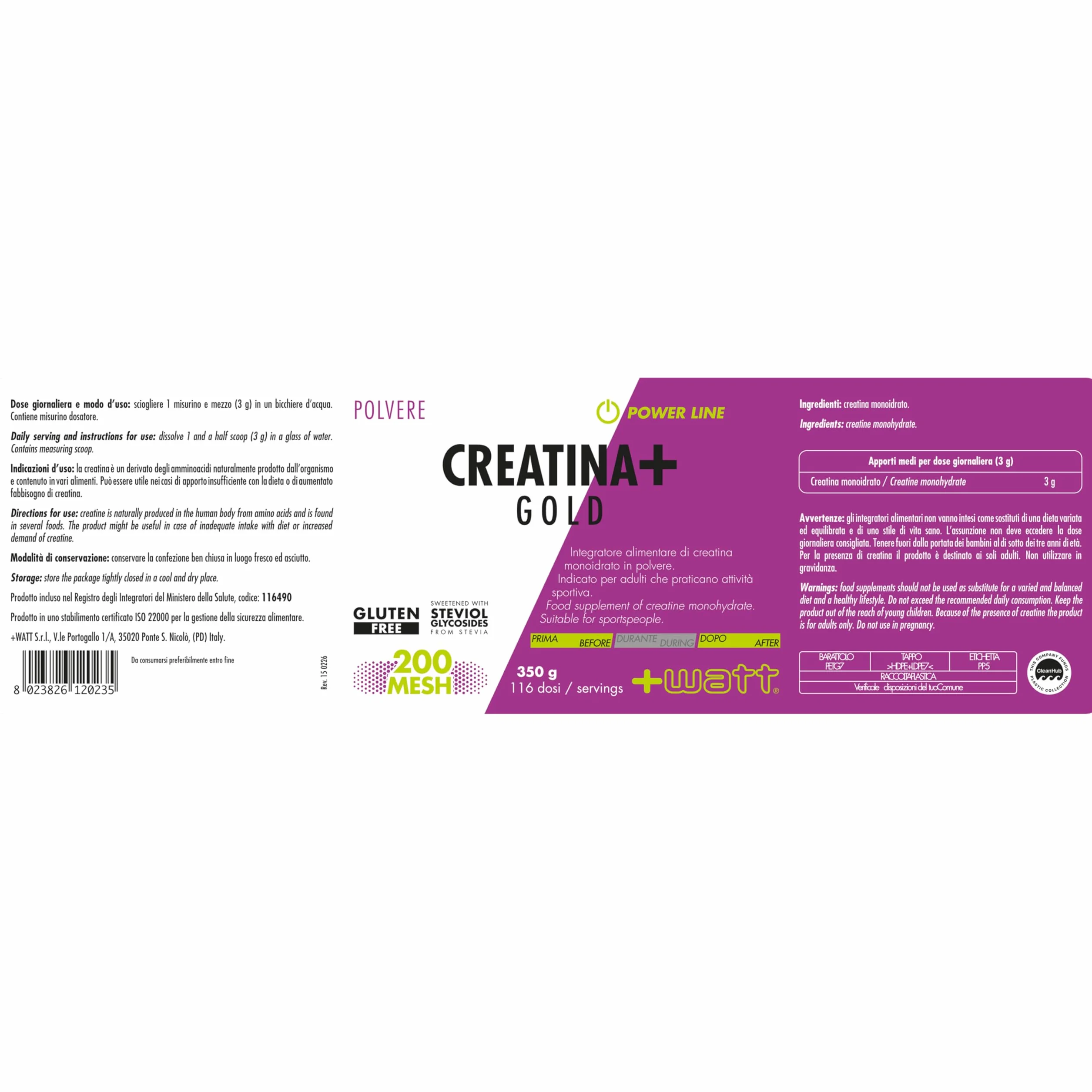 Creatina+ Gold - Integratore Alimentare di Creatina Monoidrato - Incrementa le Prestazioni Durante lo Sforzo - Gluten Free -in Polvere, Formato: 350g