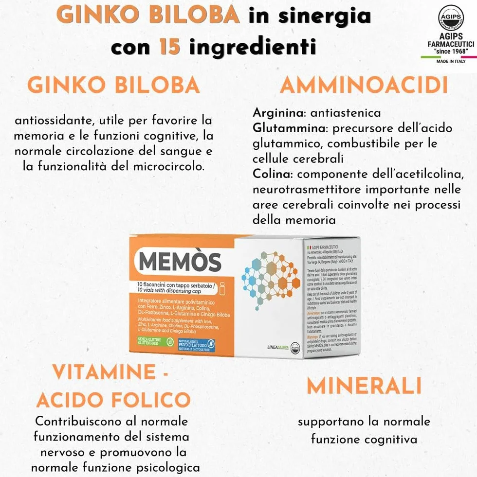Agips Memos Integratore Memoria Concentrazione Stanchezza Mentale Ginko Biloba Vitamina B 10 Flaconi