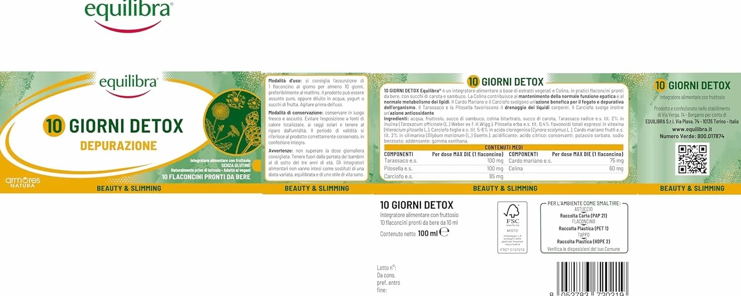 Equilibra 10 giorni Detox Integratore estratti vegetali Colina Cardo Mariano Carciofo fegato depurativa
