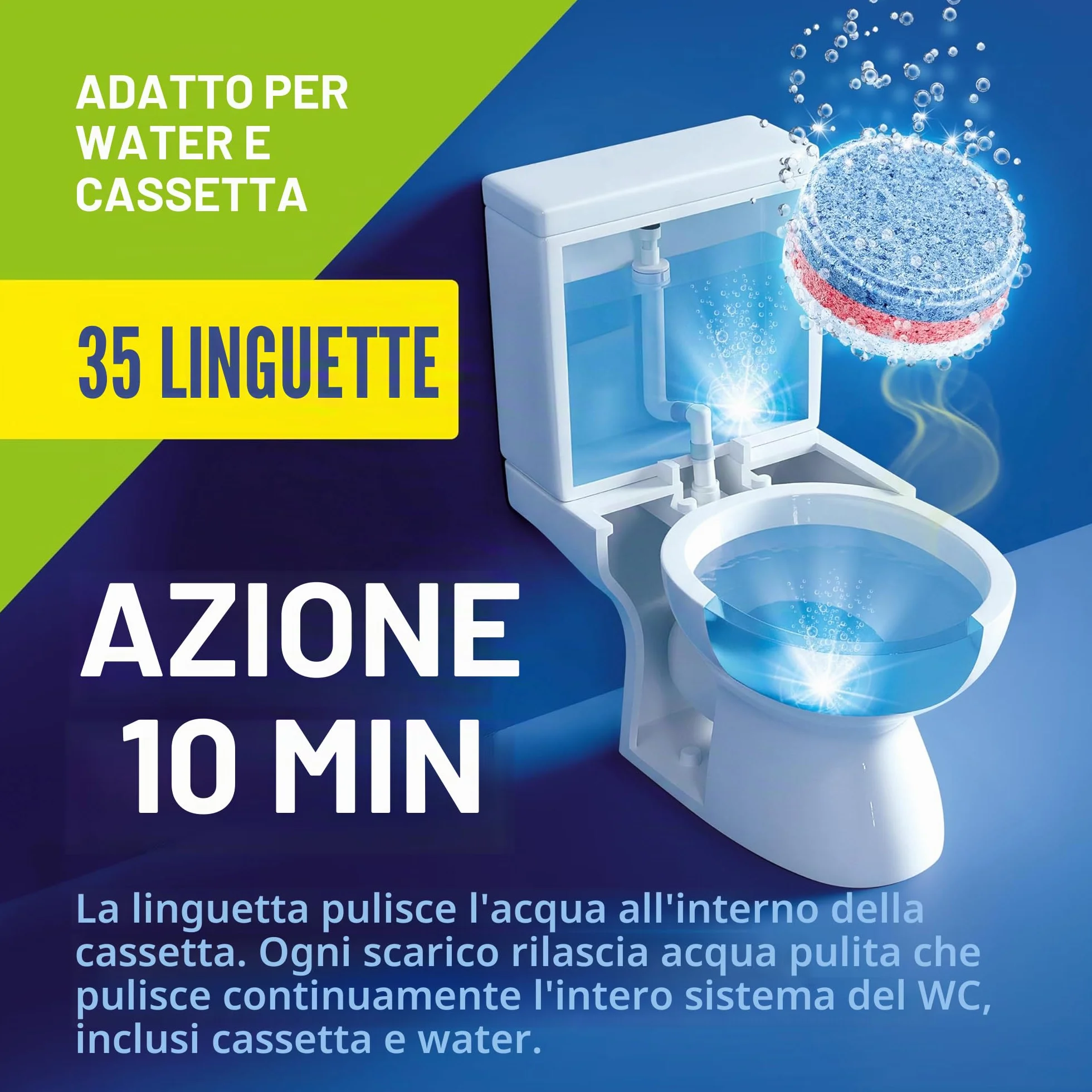 Schede per WC a 3 fasi, formula di eucalipto, fresca, 35 pastiglie