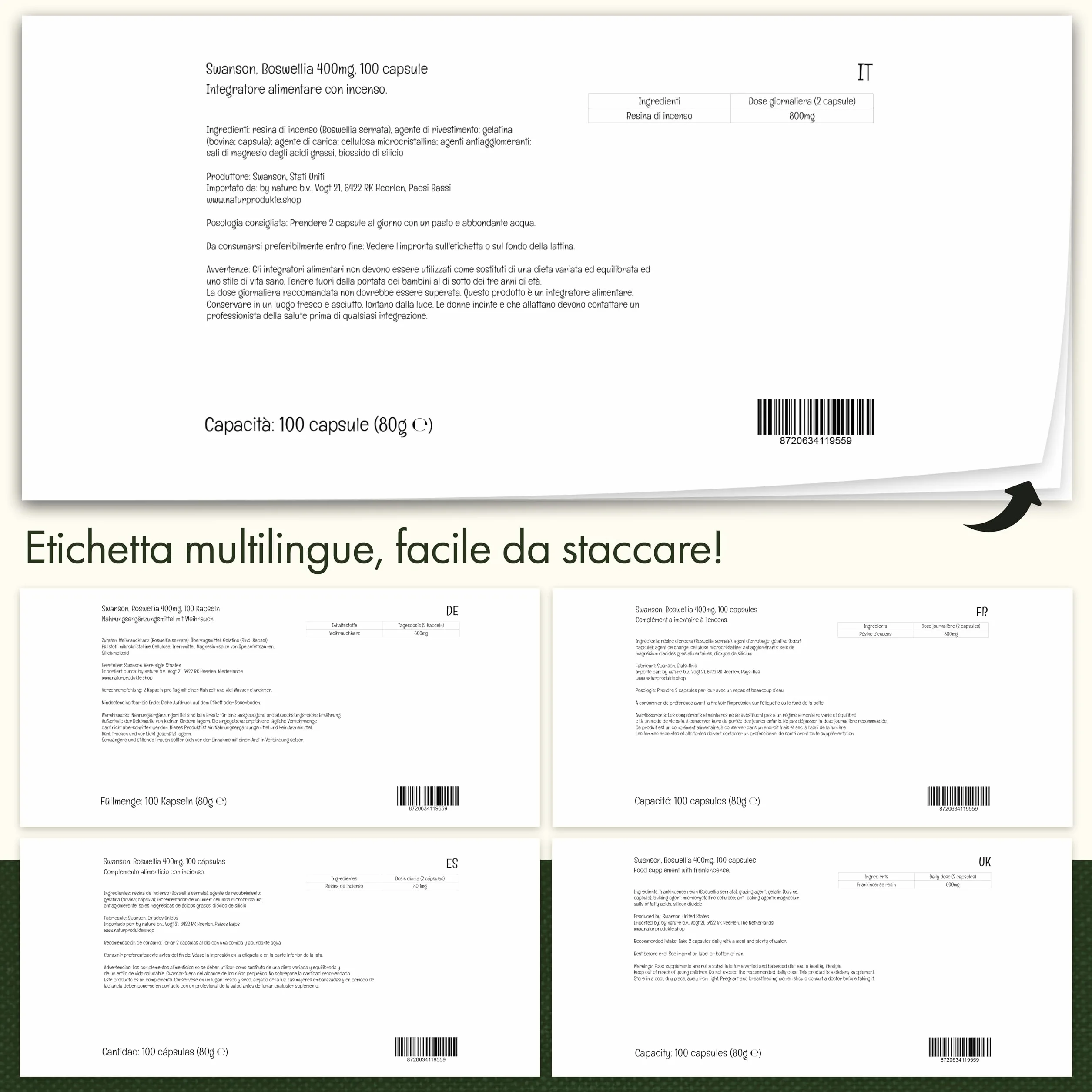Swanson, Boswellia, 400 mg, Resina di Incenso, Boswellia Serrata, 100 Capsule, Testate in Laboratorio, Senza Soia, Senza Glutine, Non OGM